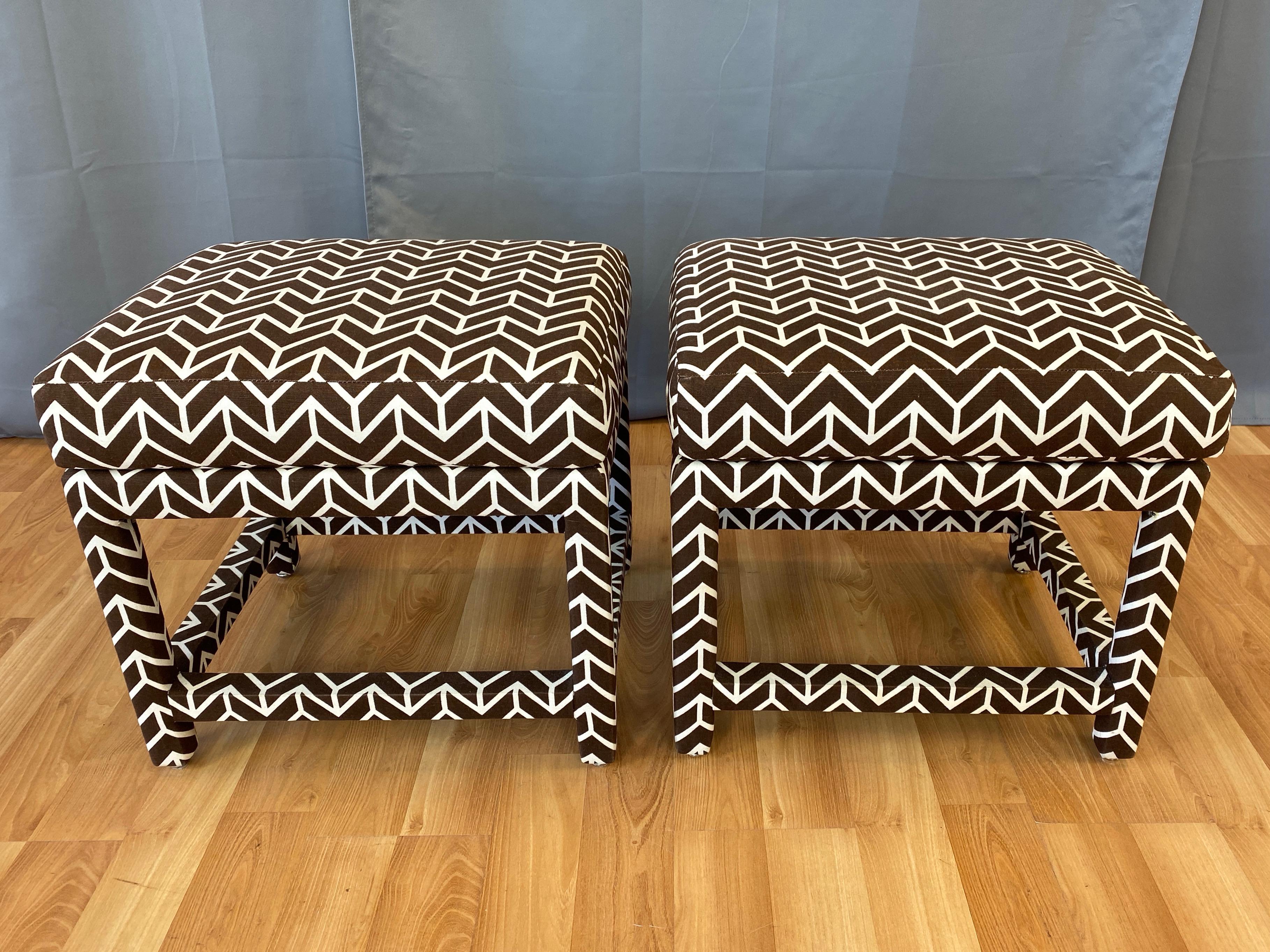 Hollywood Regency Pair of Milo Baughman for Thayer Coggin Ottomans with David Hicks Upholstery