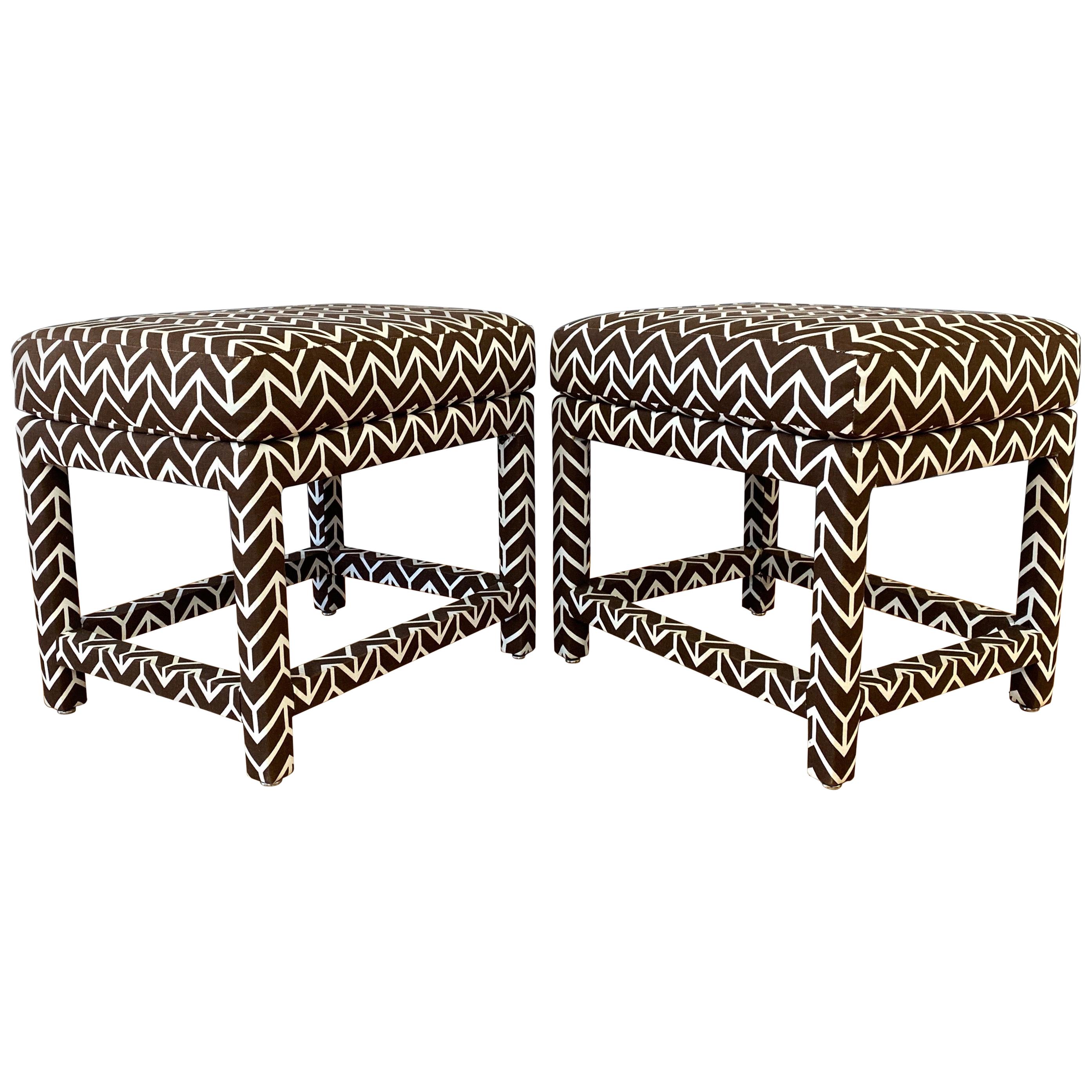 Pair of Milo Baughman for Thayer Coggin Ottomans with David Hicks Upholstery