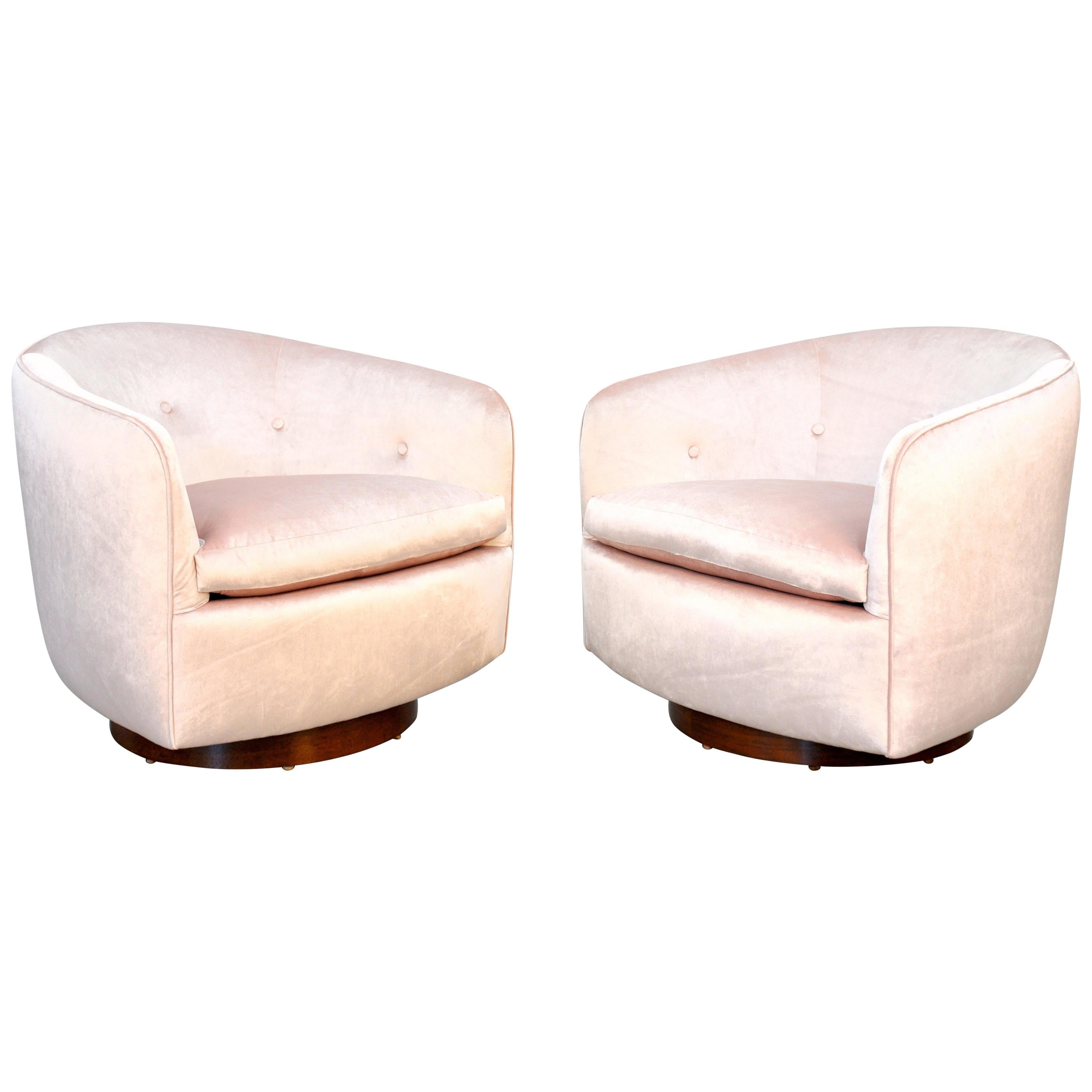 Pair of Milo Baughman for Thayer Coggin Pink Velvet Swivel Lounge Chairs
