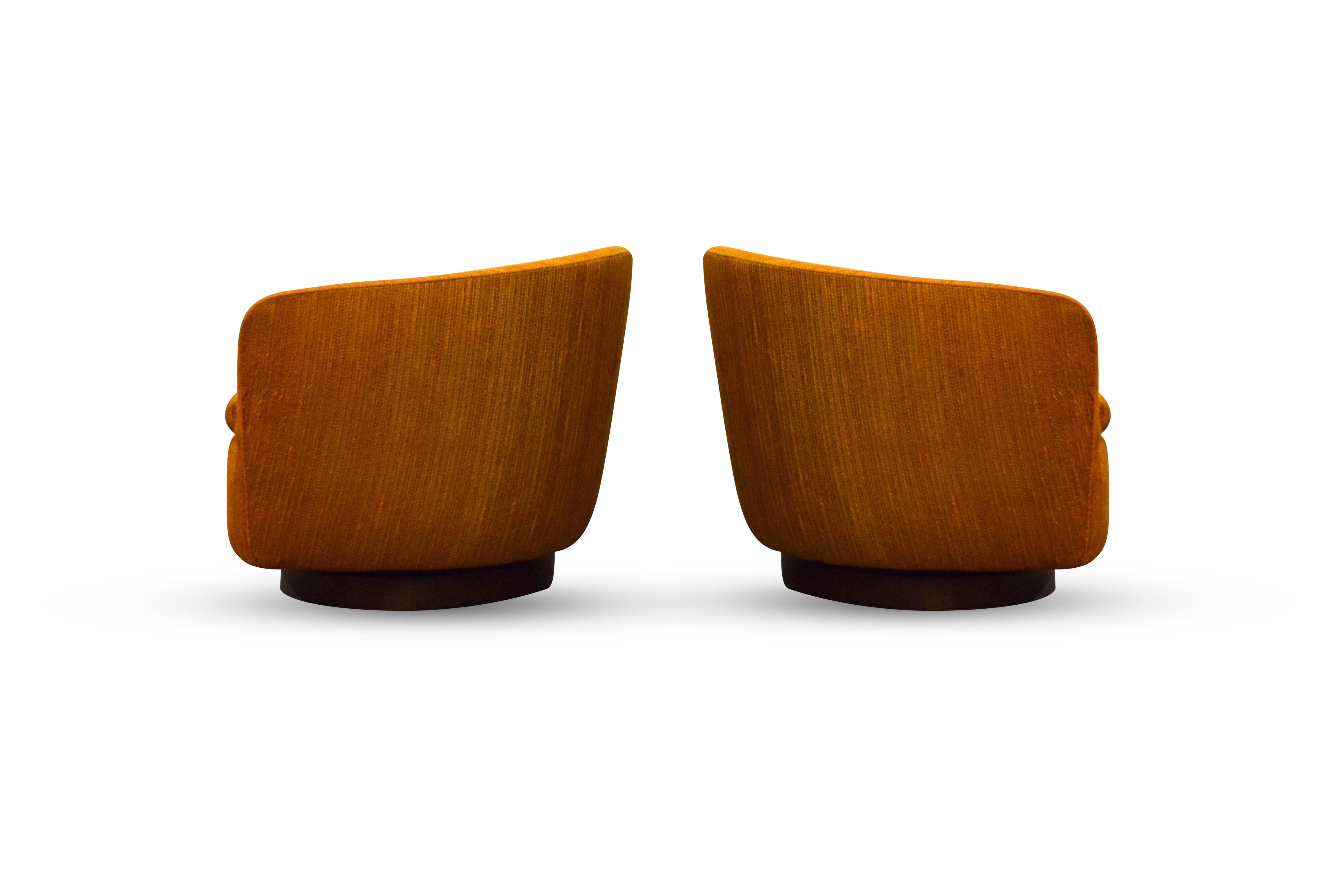 Pair of Milo Baughman for Thayer Coggin swivel lounge chairs.
Chairs swivel and tilt.