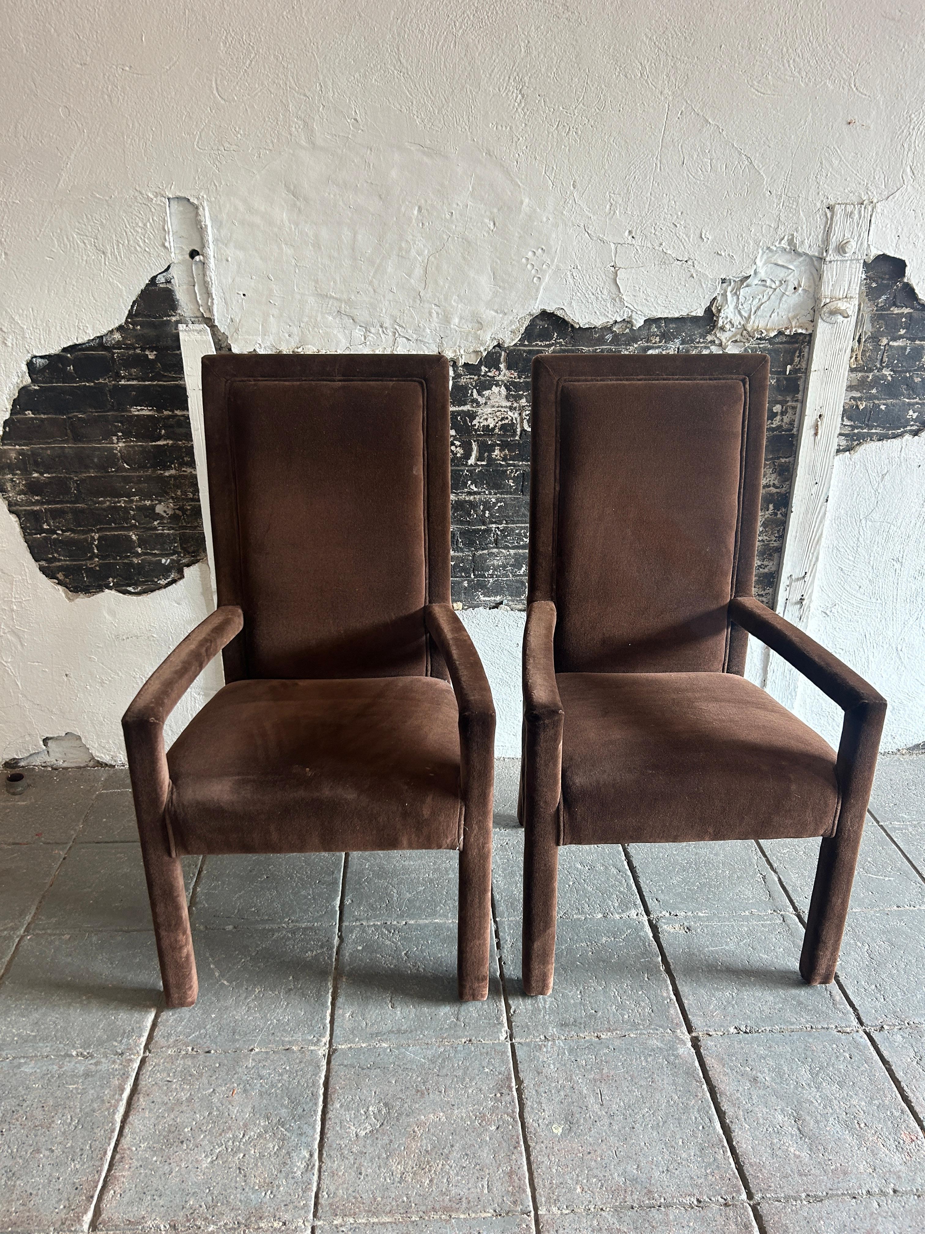 Set of 4 Milo baughman Thayer Coggin fully upholstered velvet parsons dining chairs. A nice set of 4 chairs in chocolate brown velvet. Both chairs are matching and all in the same vintage condition. Made in USA located in Brooklyn NYC.

Sold as a