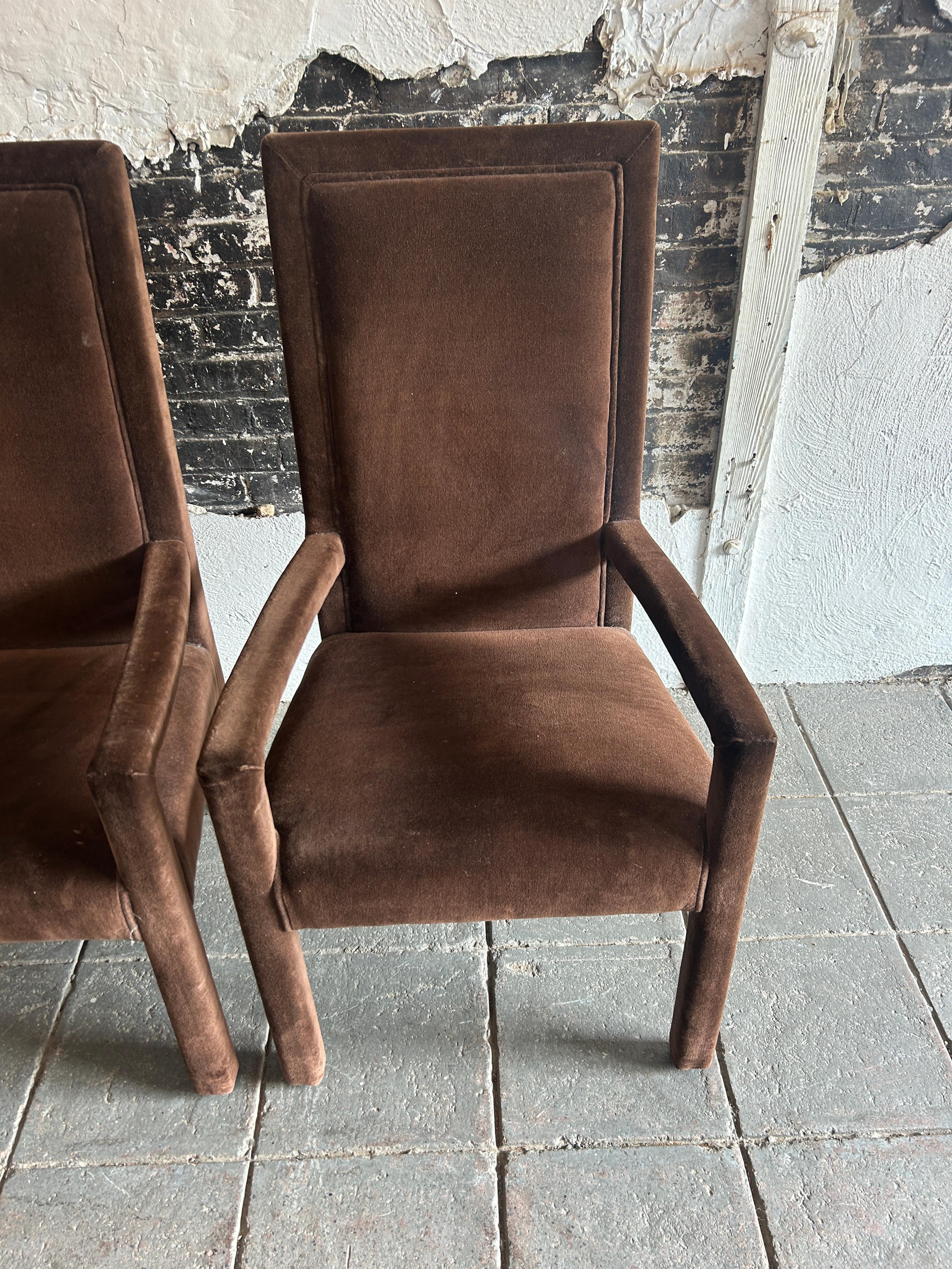 Mid-Century Modern Pair of Milo baughman fully upholstered velvet parsons dining arm chairs