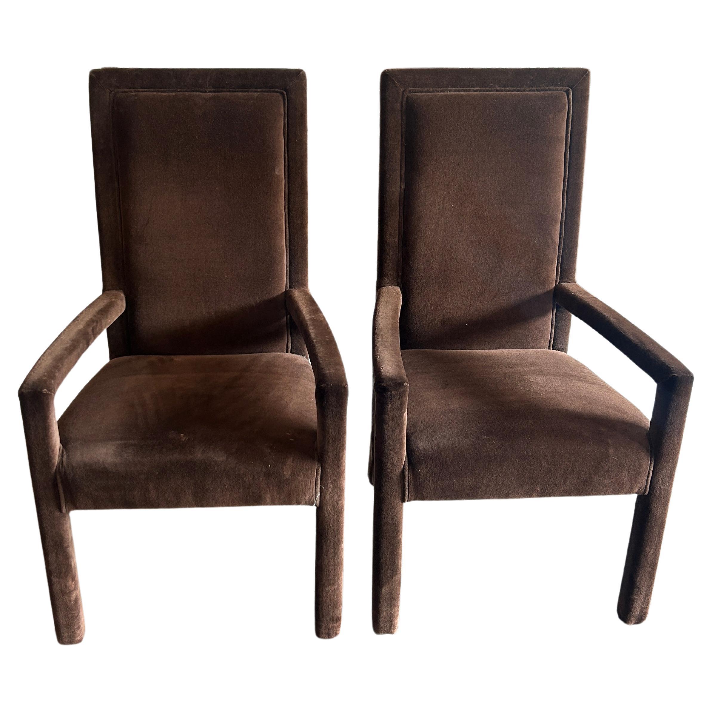 Pair of Milo baughman fully upholstered velvet parsons dining arm chairs