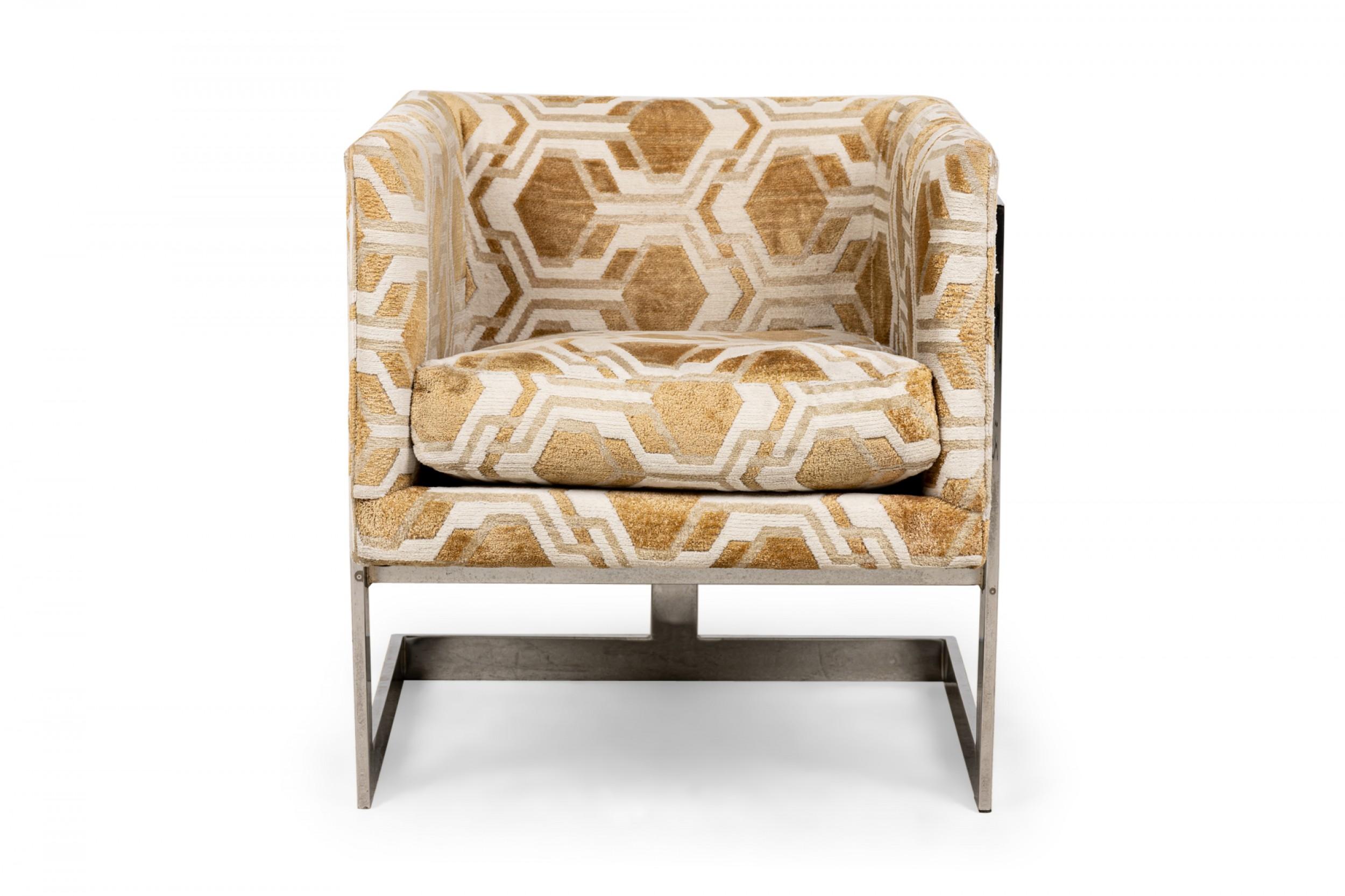 Pair of American Mid-Century cube form lounge / armchairs with gold and white geometric patterned fabric upholstery and square cantilevered chrome frames. (Milo Baughman)(Priced as Pair).
  