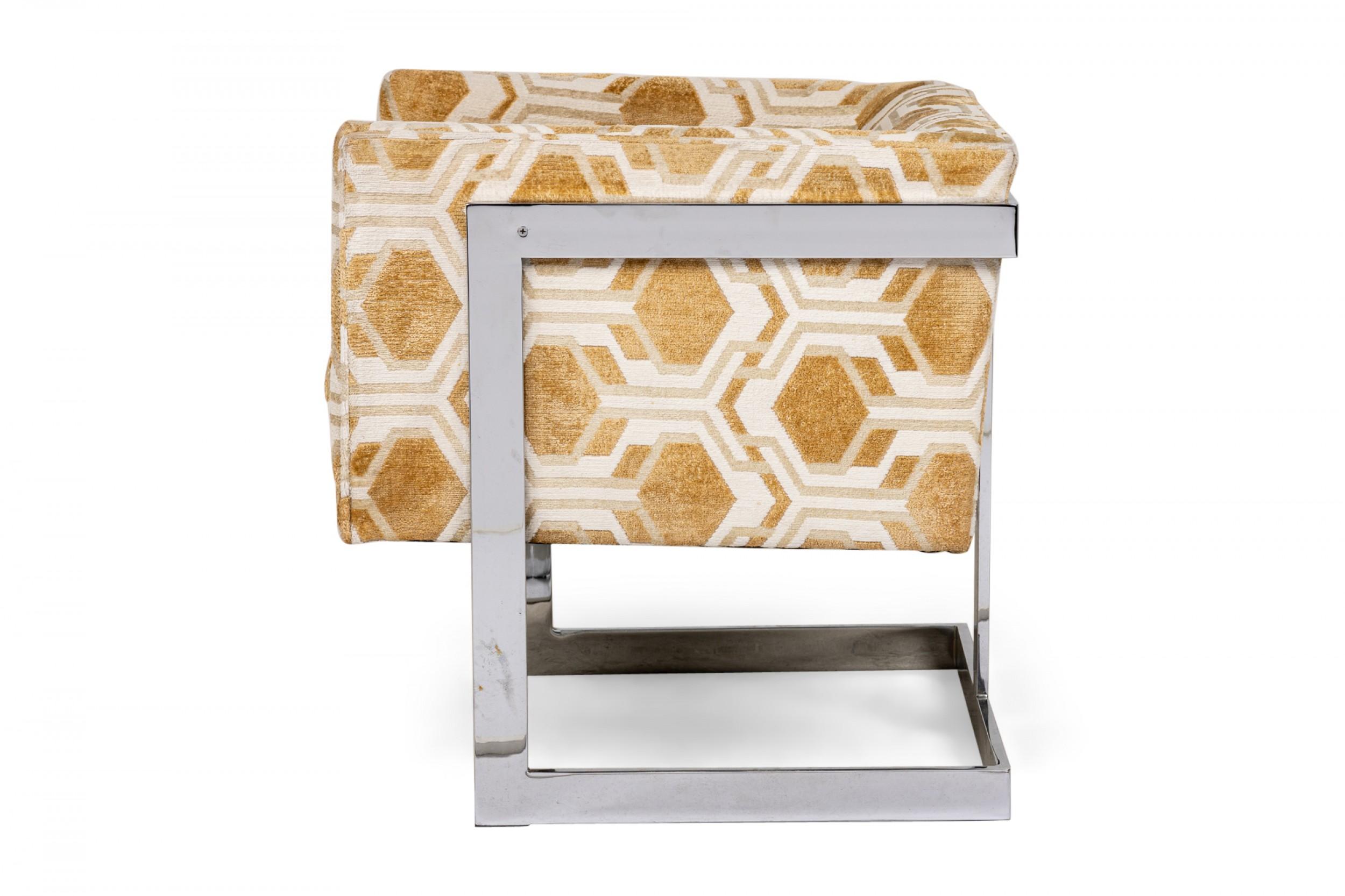 American Pair of Milo Baughman Geometric Gold and White Cube Form Lounge / Armchairs For Sale