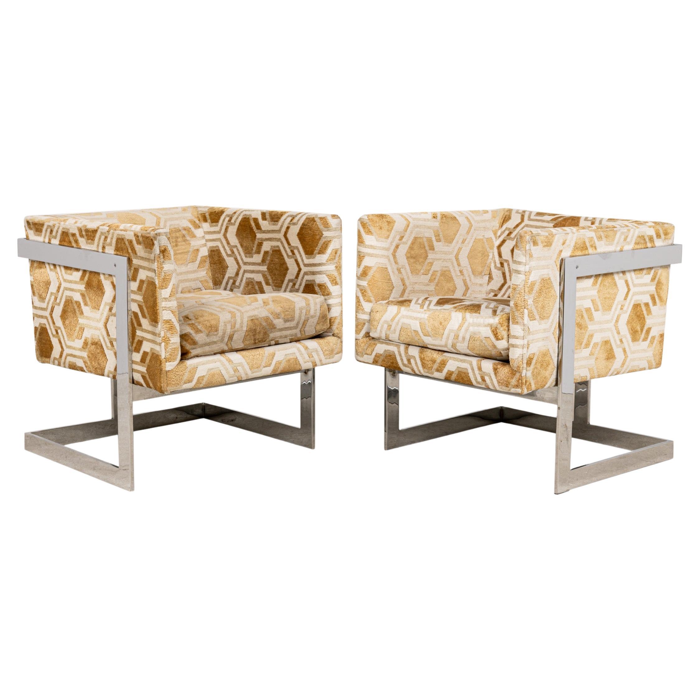 Pair of Milo Baughman Geometric Gold and White Cube Form Lounge / Armchairs