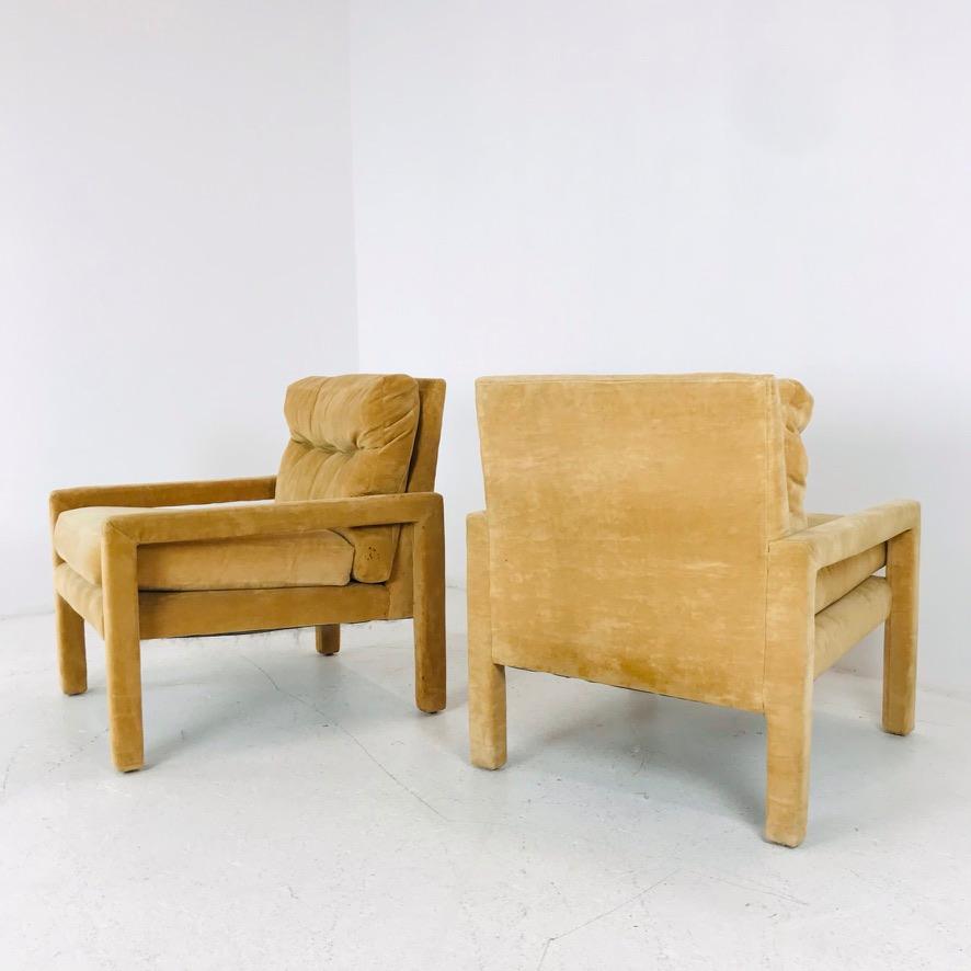 Pair of Milo Baughman Gold Velvet Parsons Chairs  4