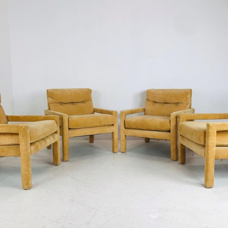 Late 20th Century Pair of Milo Baughman Gold Velvet Parsons Chairs 