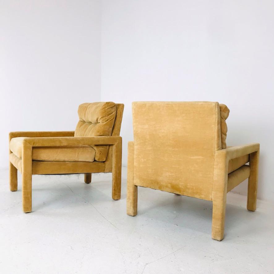 Upholstery Pair of Milo Baughman Gold Velvet Parsons Chairs 