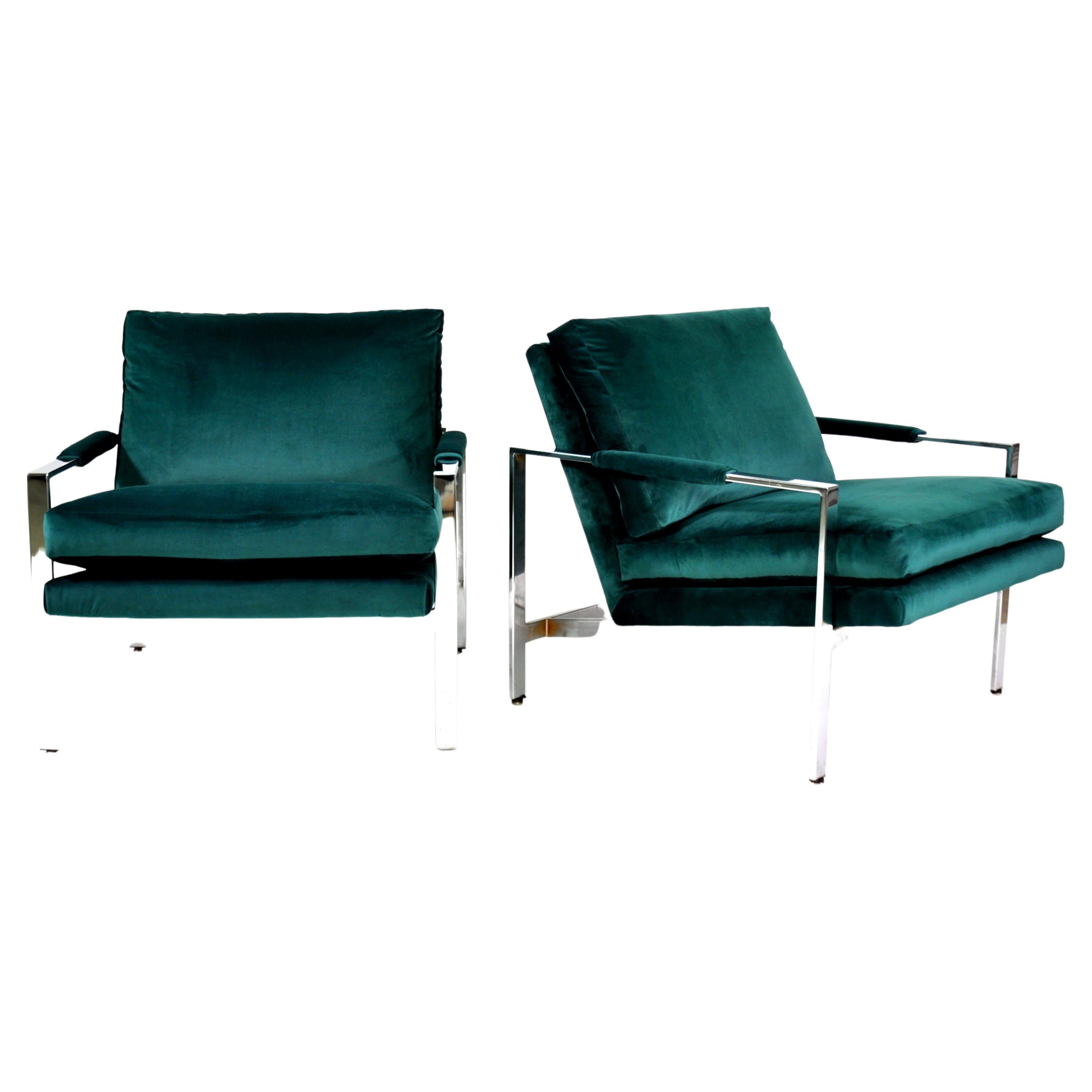 Pair of Milo Baughman Green Velvet Flat Bar Chairs, Thayer Coggin, 1960s 5