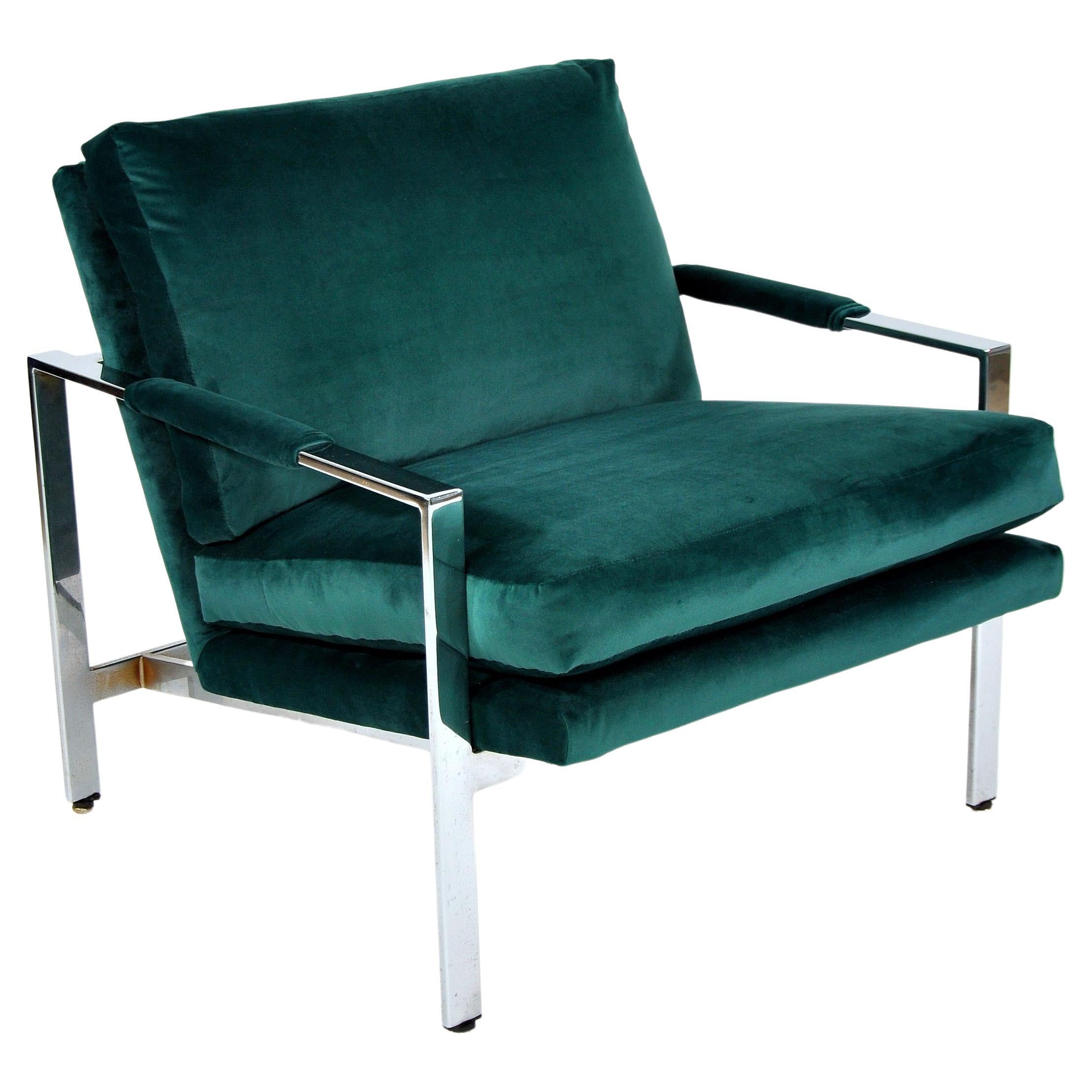 Mid-Century Modern Pair of Milo Baughman Green Velvet Flat Bar Chairs, Thayer Coggin, 1960s