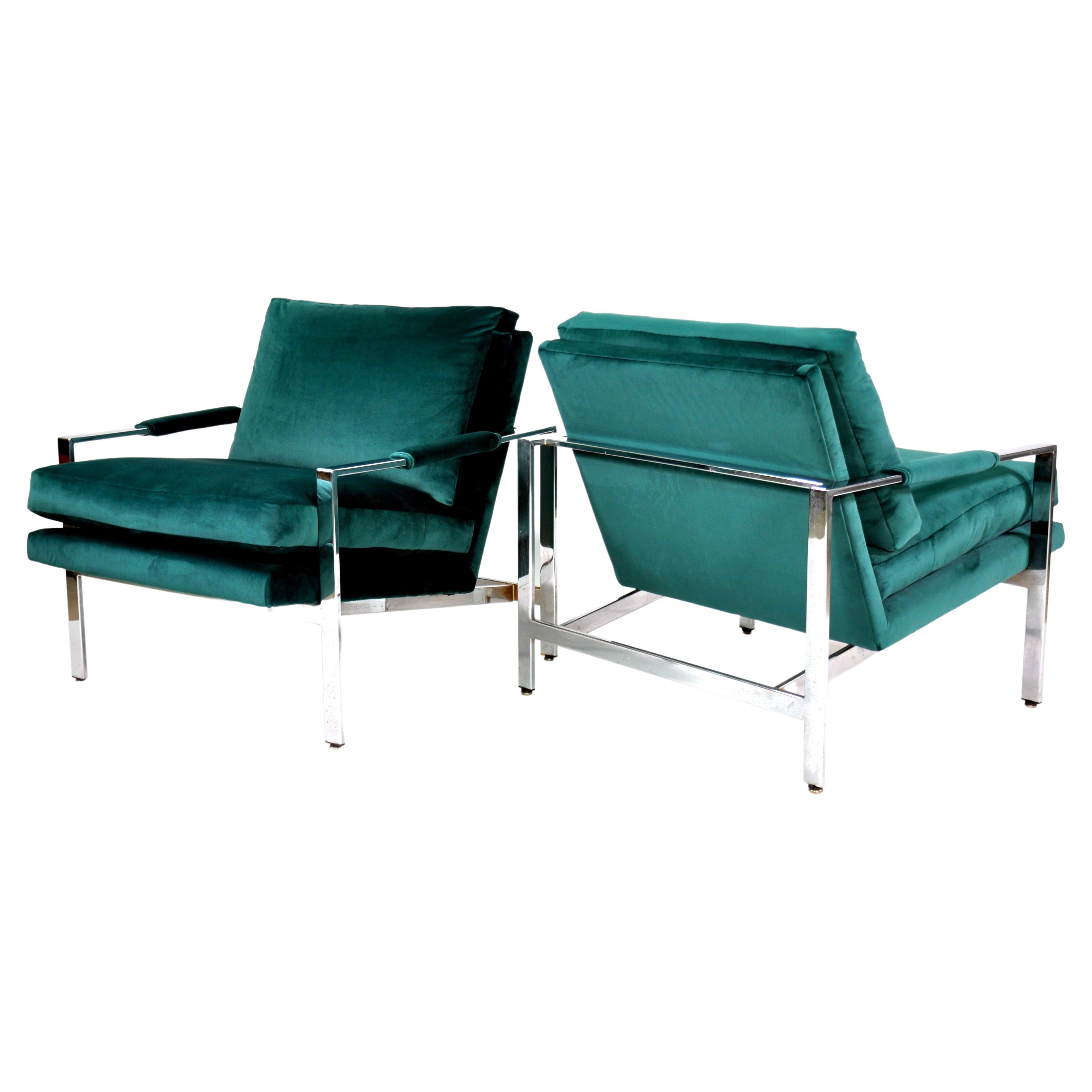 Pair of Milo Baughman Green Velvet Flat Bar Chairs, Thayer Coggin, 1960s