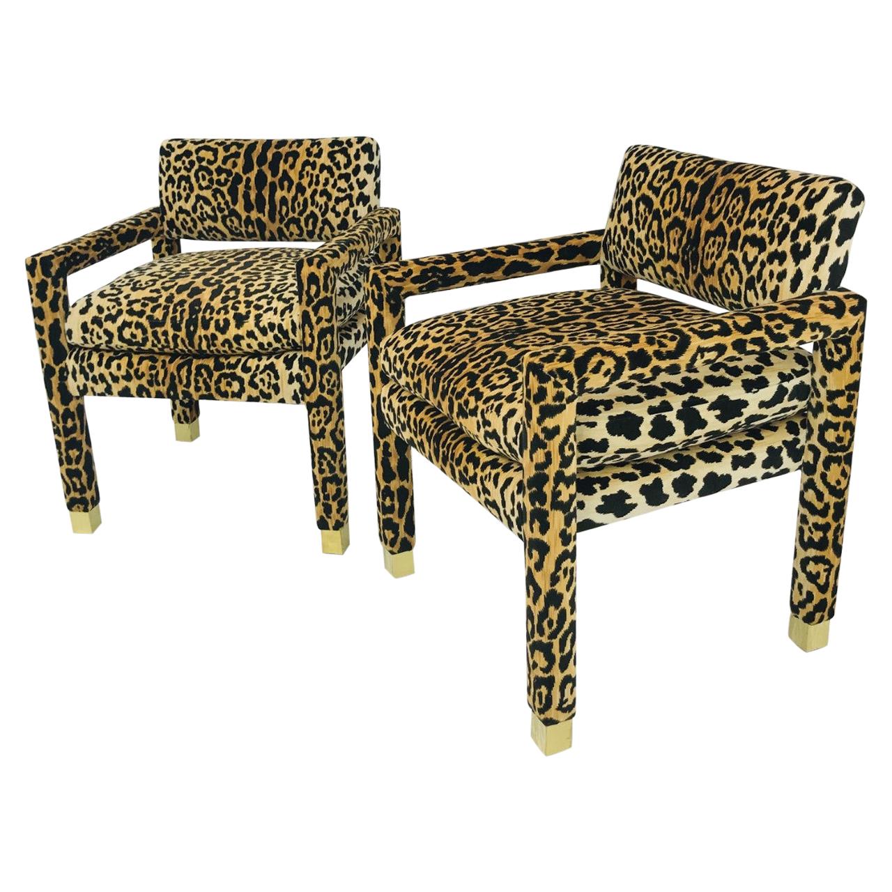 Pair of Milo Baughman Leopard Parsons Chairs with Brass Sabots
