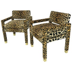 Pair of Milo Baughman Leopard Parsons Chairs with Brass Sabots