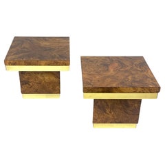 Vintage Pair of Milo Baughman Mica Burl and Brass Pedestal End Tables 