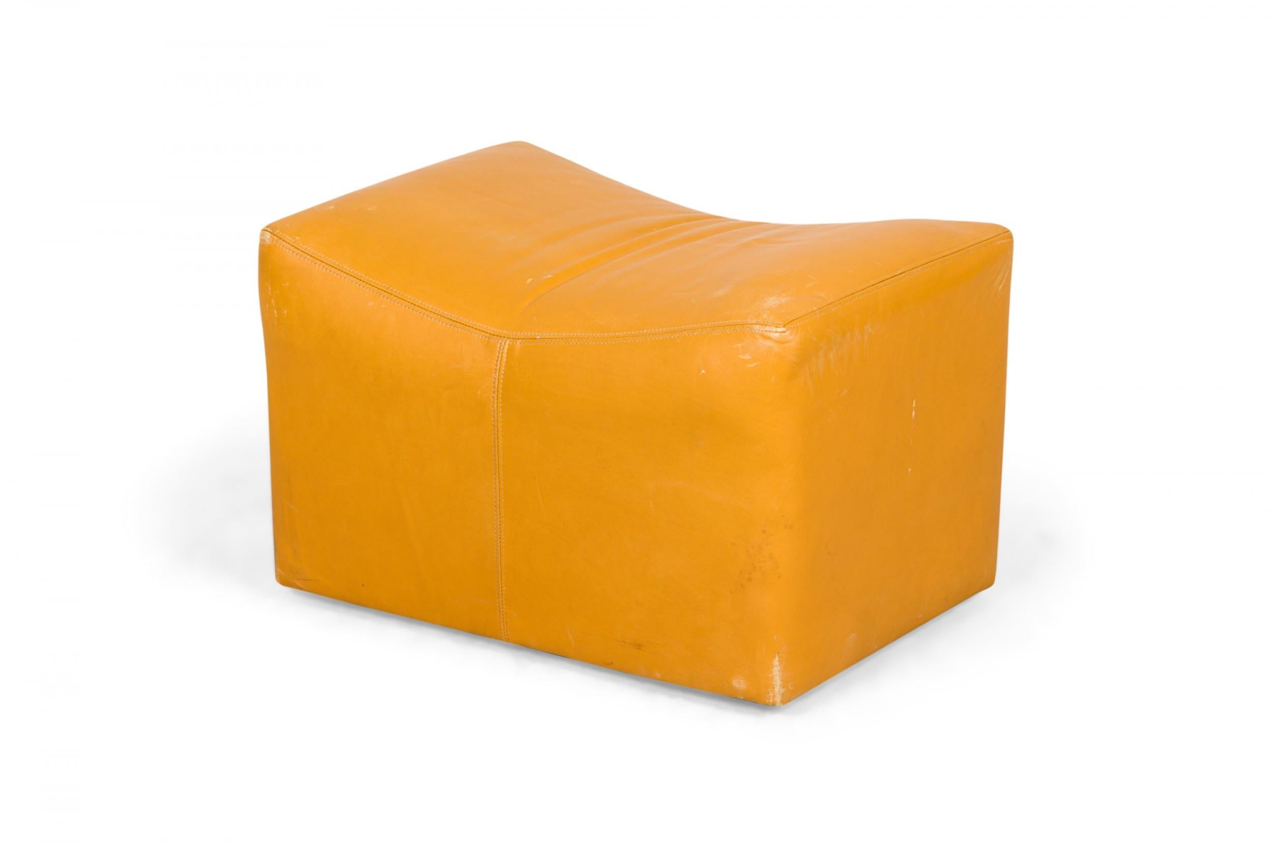 Mid-Century Modern Pair of Milo Baughman Mustard Yellow Leather Rolling Saddle Ottomans For Sale