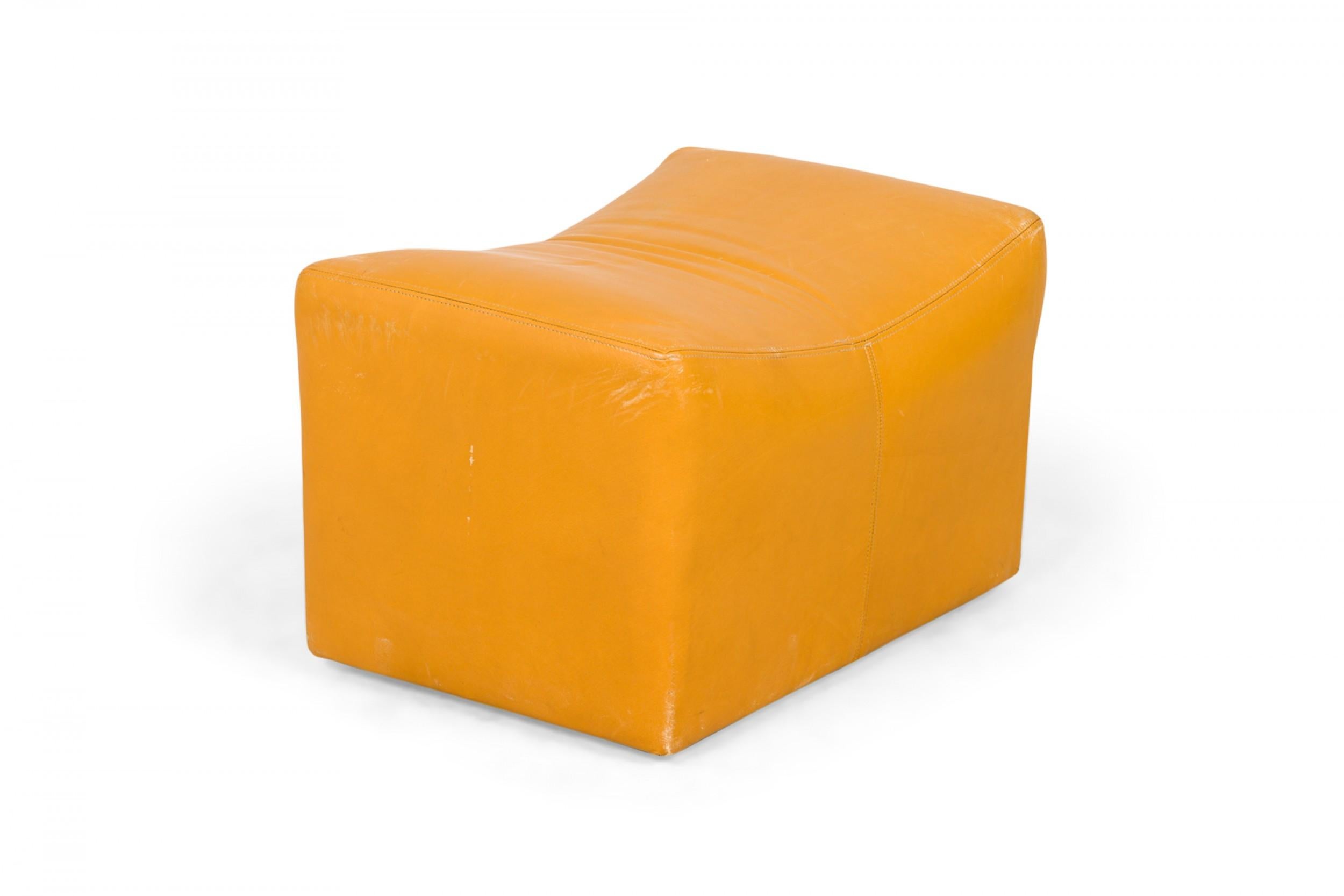 Pair of Milo Baughman Mustard Yellow Leather Rolling Saddle Ottomans In Good Condition For Sale In New York, NY