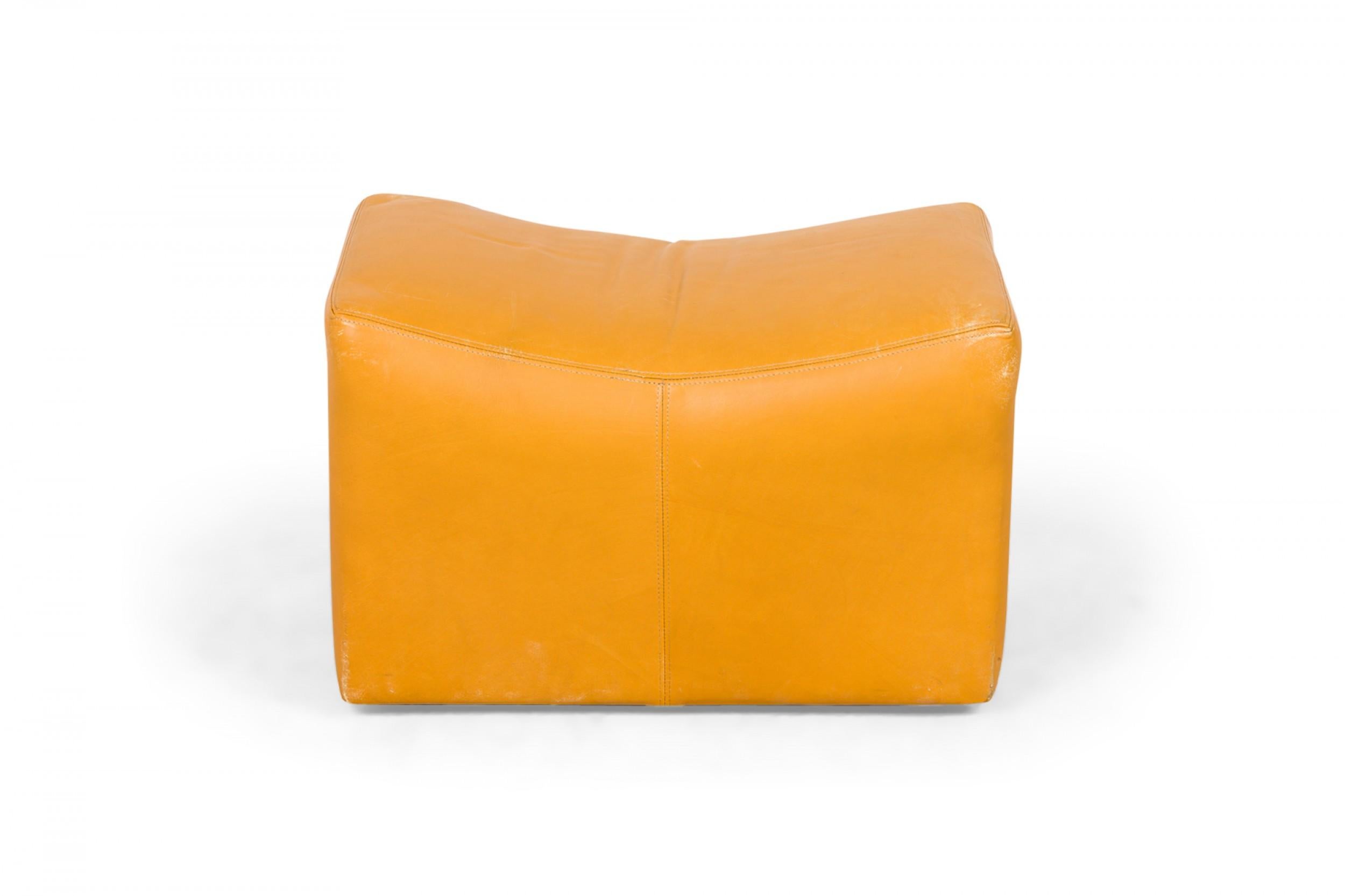 20th Century Pair of Milo Baughman Mustard Yellow Leather Rolling Saddle Ottomans For Sale