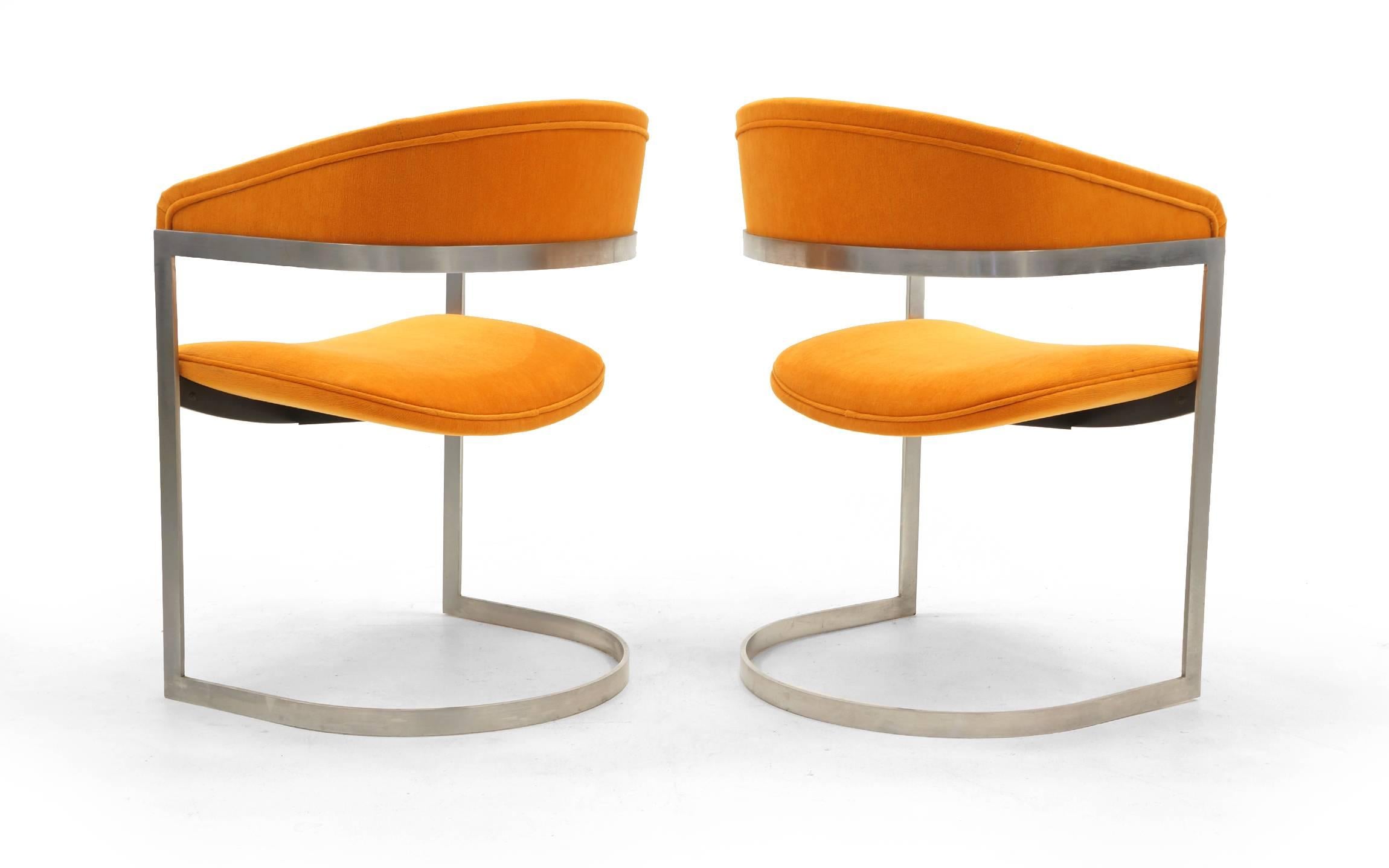 Mid-Century Modern Milo Baughman Style Occasional Chairs, Brushed Steel and Orange, Excellent