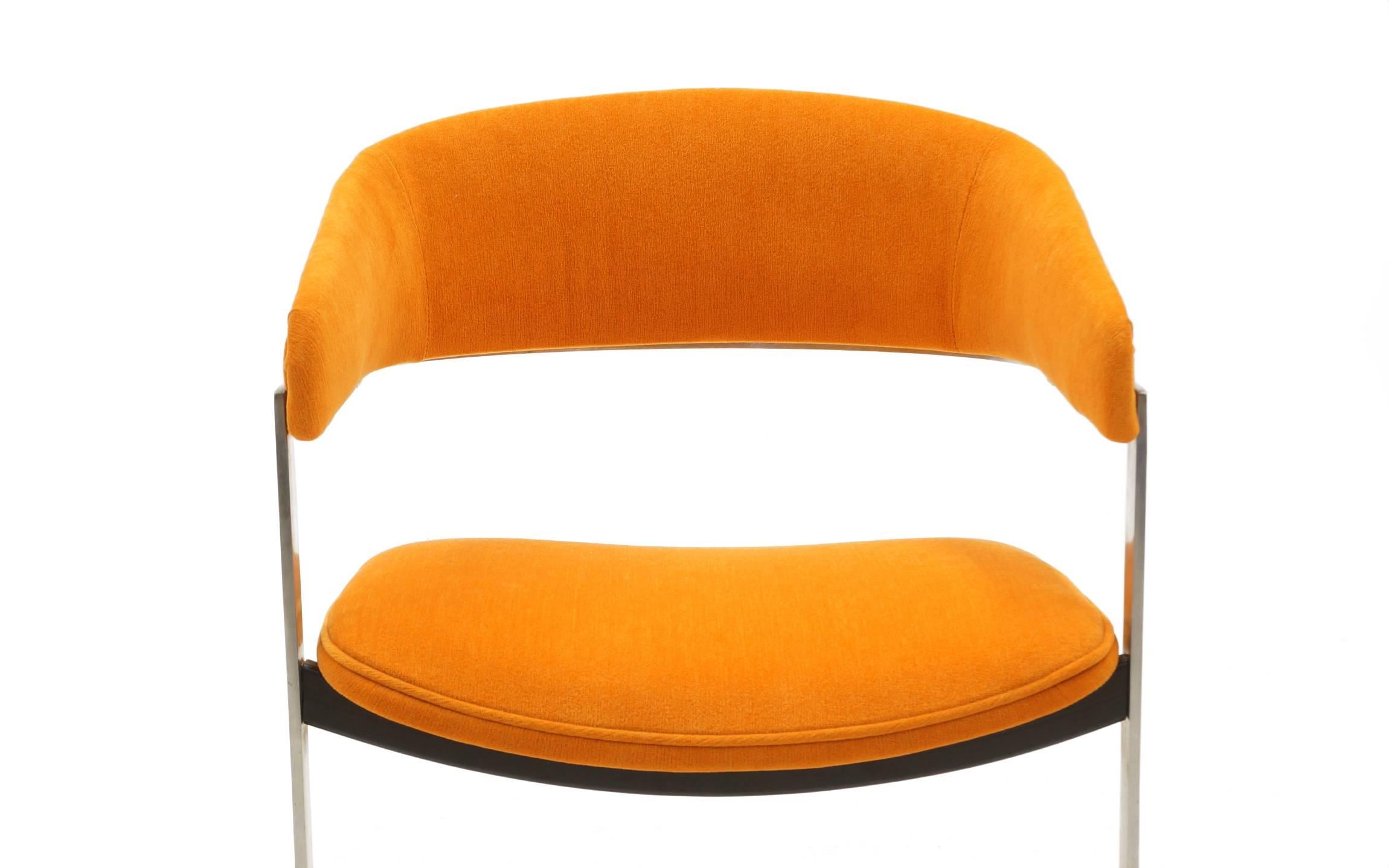 Milo Baughman Style Occasional Chairs, Brushed Steel and Orange, Excellent In Excellent Condition In Kansas City, MO