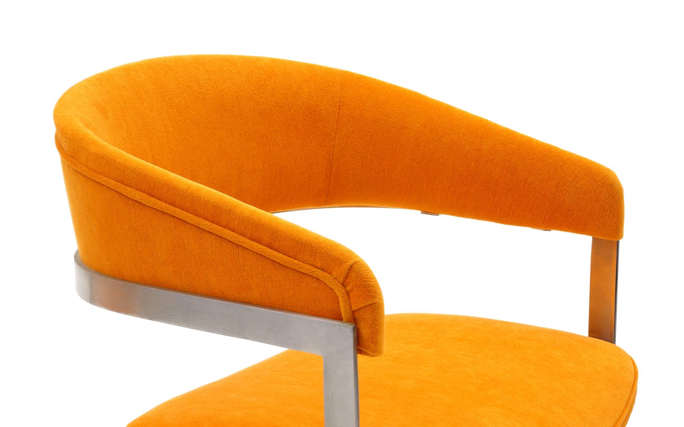 Late 20th Century Milo Baughman Style Occasional Chairs, Brushed Steel and Orange, Excellent