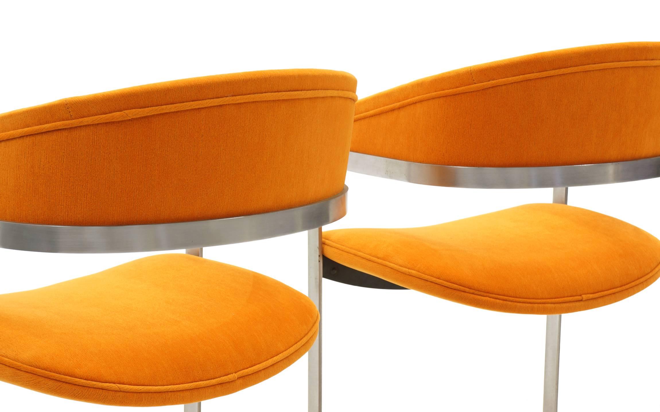 Upholstery Milo Baughman Style Occasional Chairs, Brushed Steel and Orange, Excellent