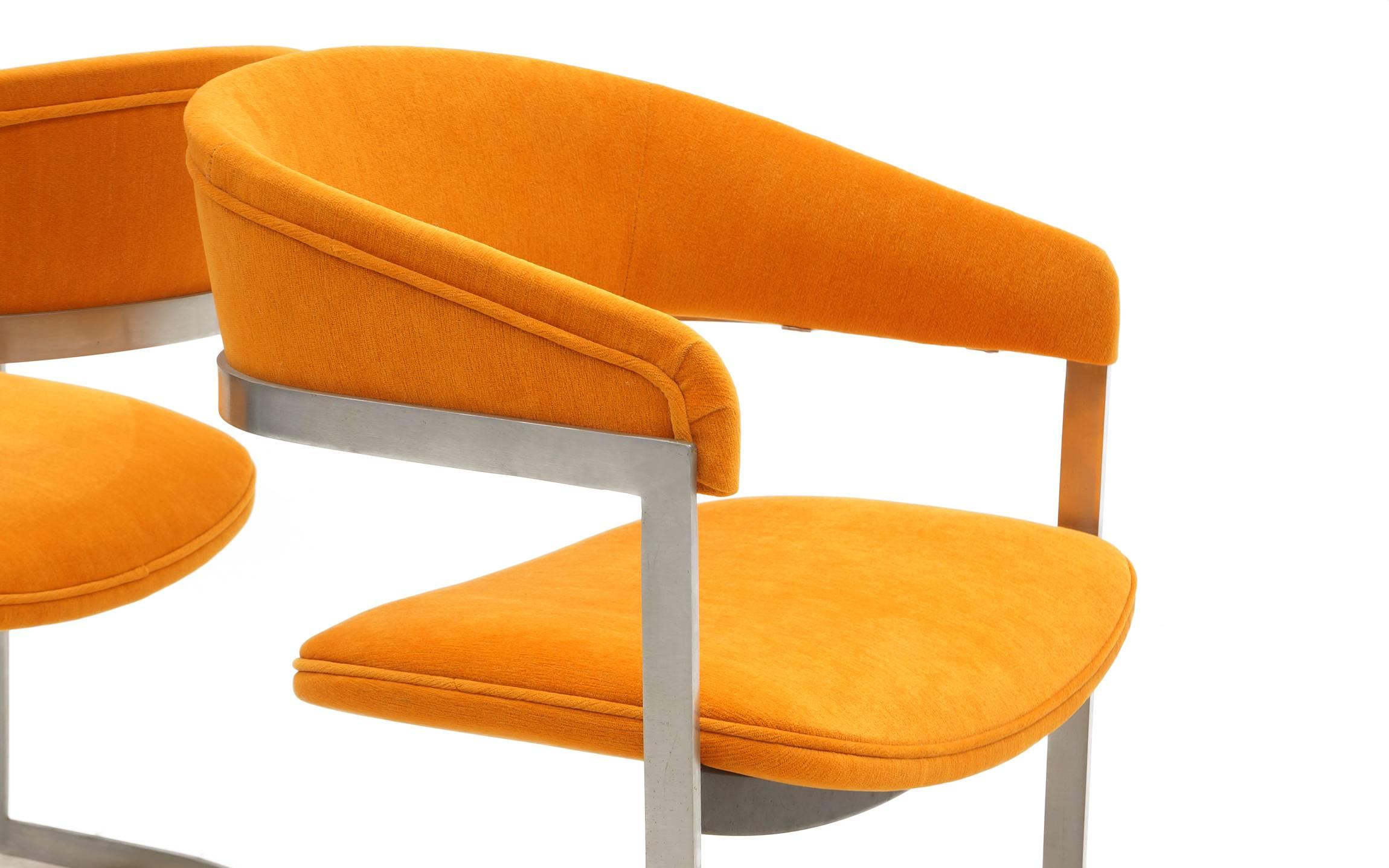 Milo Baughman Style Occasional Chairs, Brushed Steel and Orange, Excellent 1