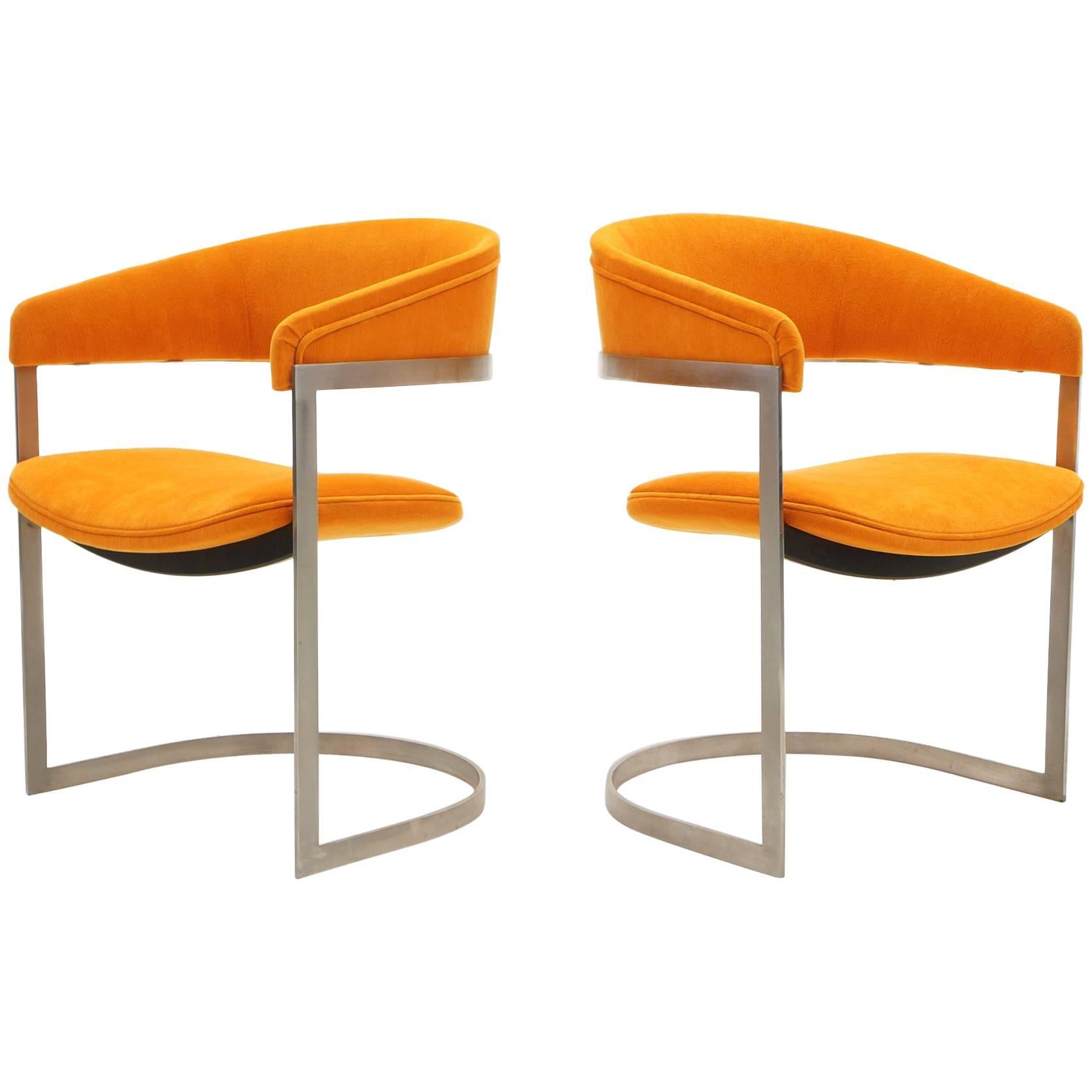 Milo Baughman Style Occasional Chairs, Brushed Steel and Orange, Excellent