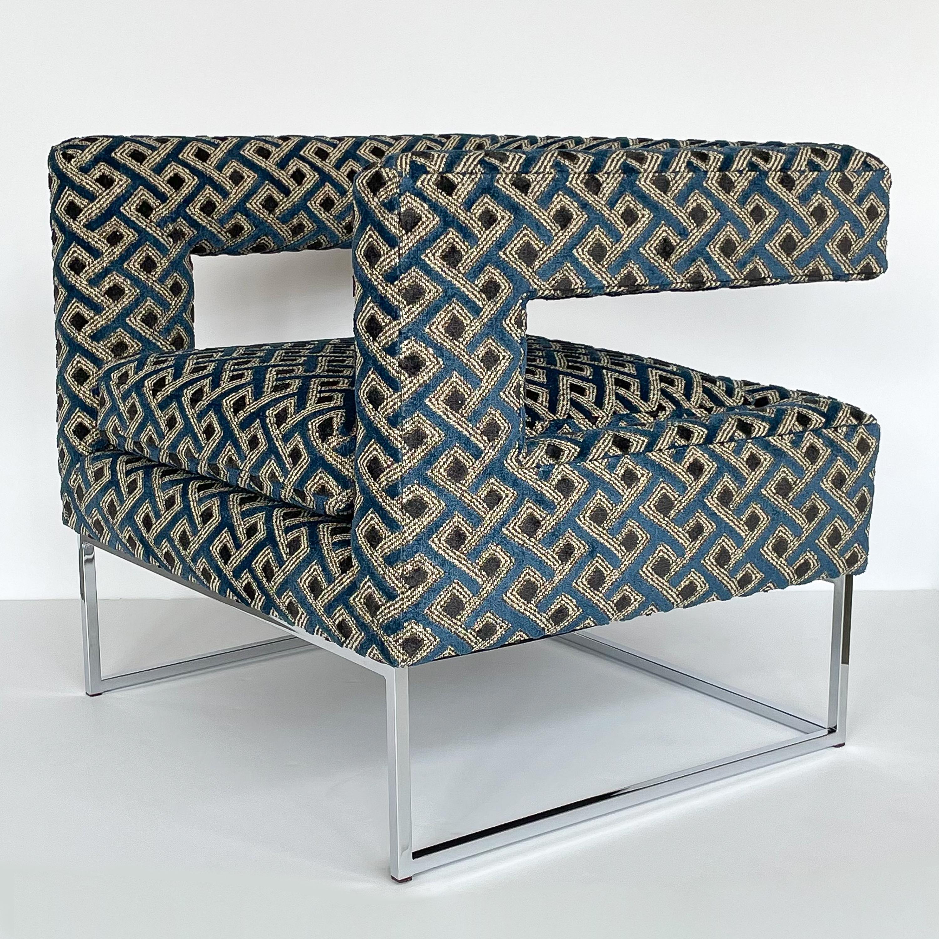 Pair of Milo Baughman Open Back Lounge Chairs in Pierre Frey 1