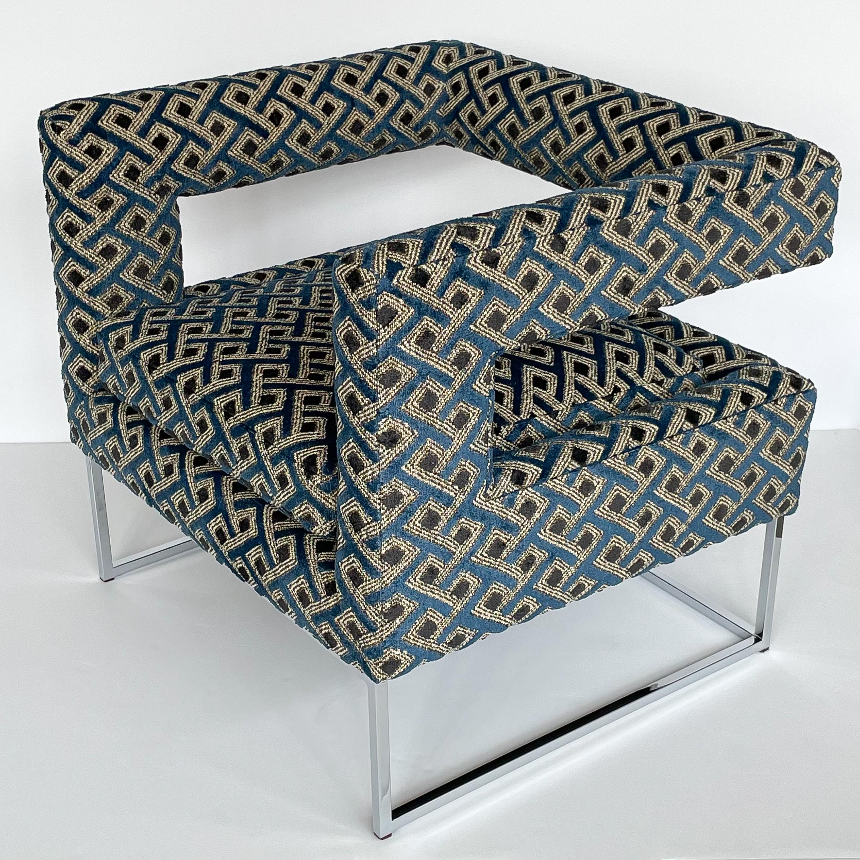 Pair of Milo Baughman Open Back Lounge Chairs in Pierre Frey 2