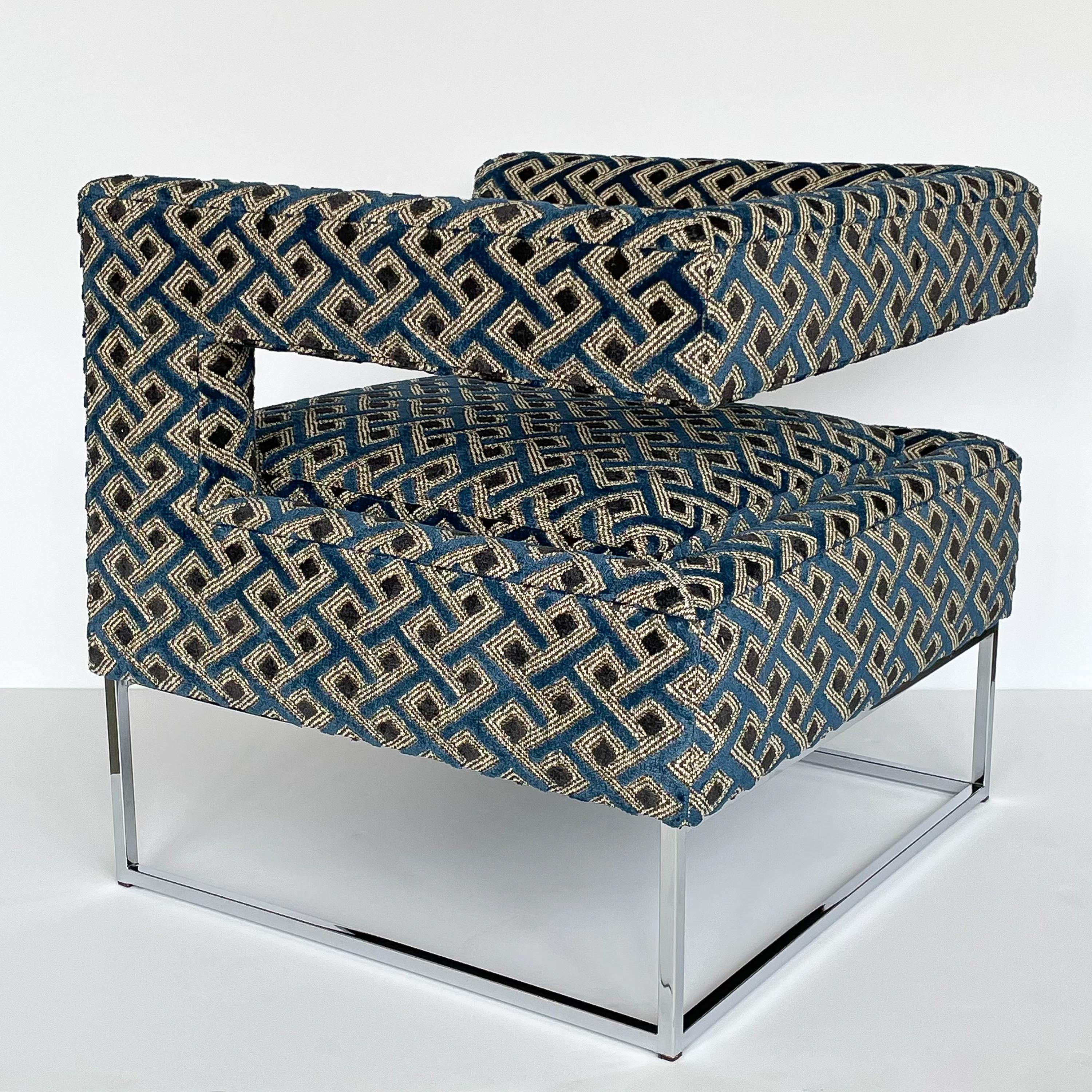 Pair of Milo Baughman Open Back Lounge Chairs in Pierre Frey 3