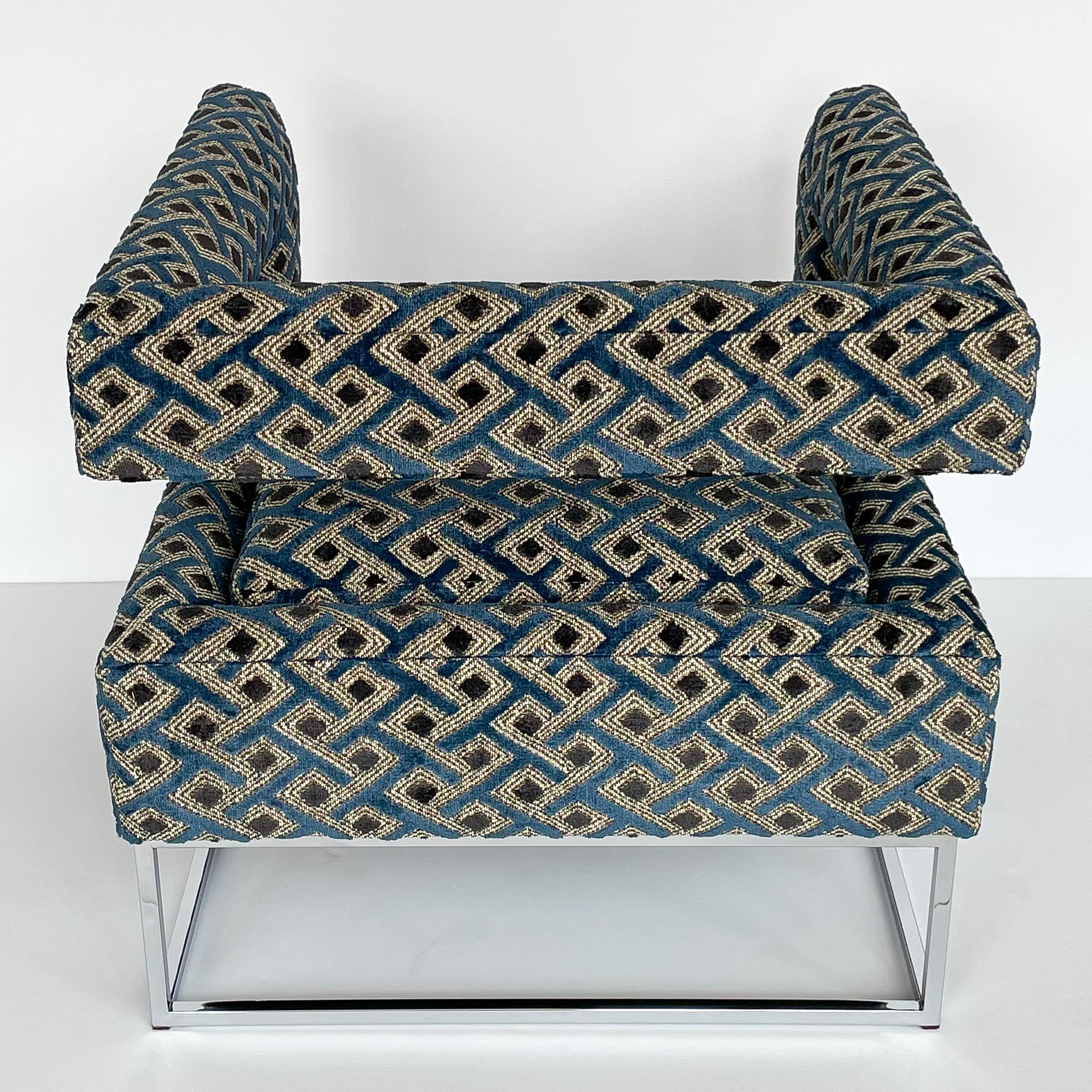 Pair of Milo Baughman Open Back Lounge Chairs in Pierre Frey 4