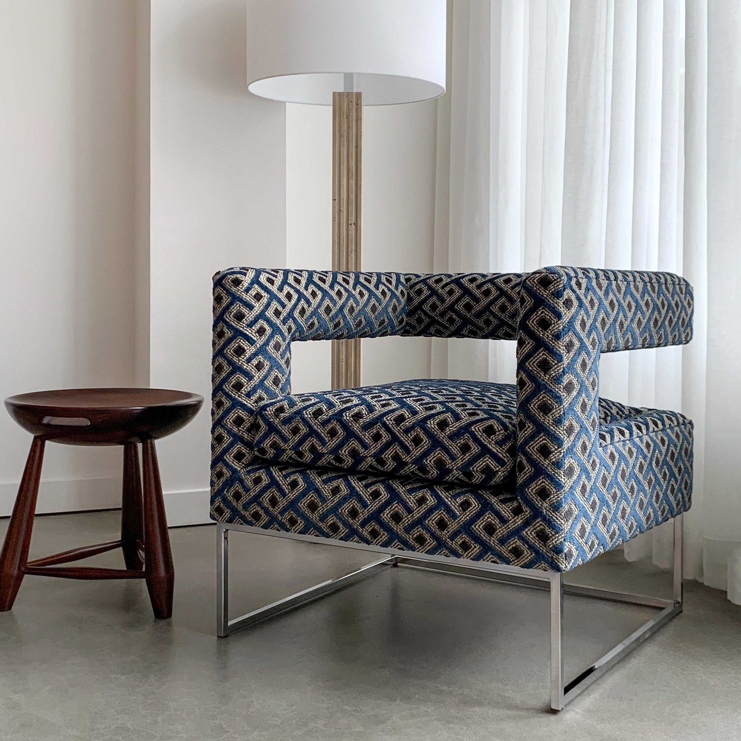 Pair of Milo Baughman Open Back Lounge Chairs in Pierre Frey 10