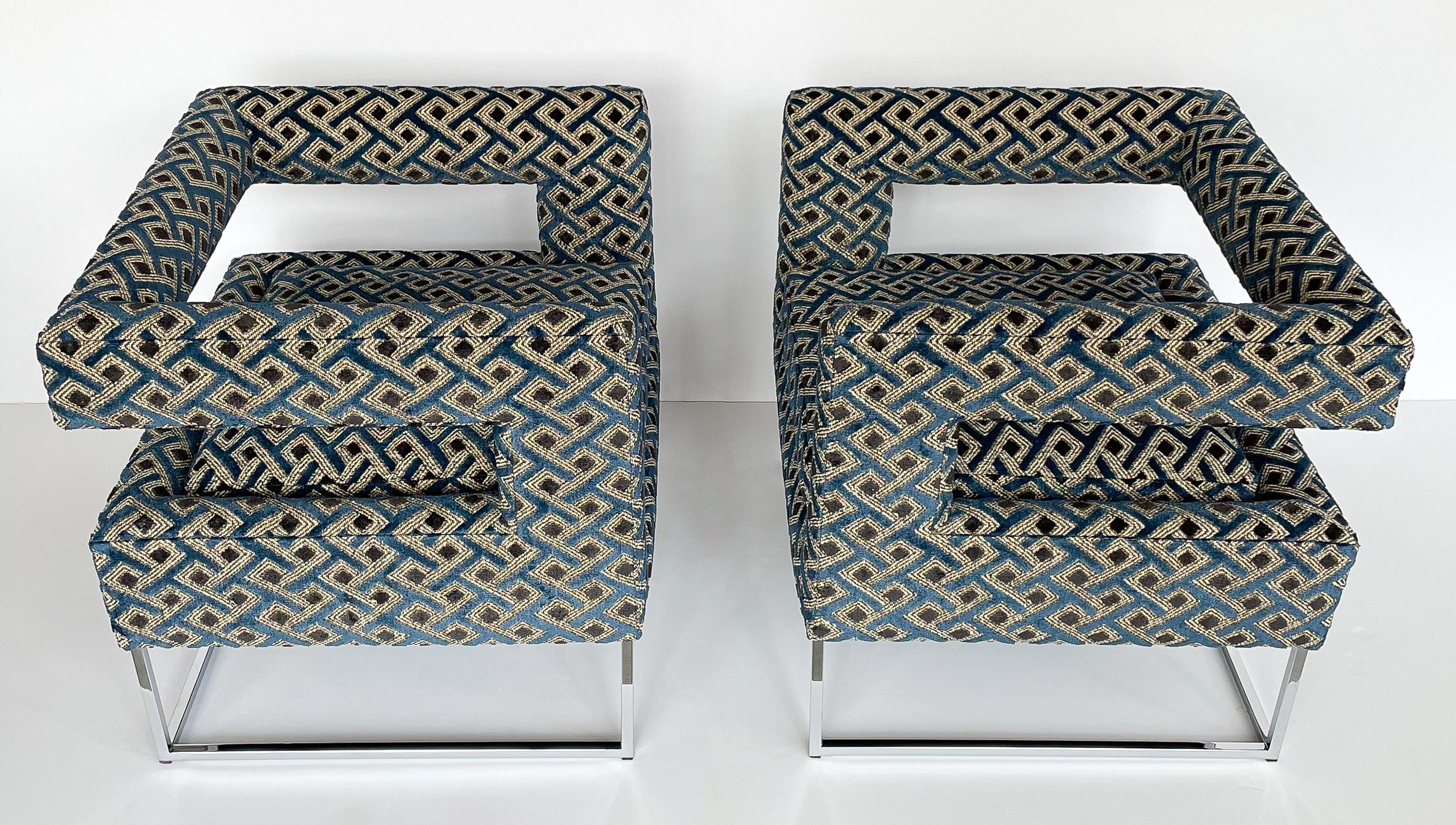 Mid-Century Modern Pair of Milo Baughman Open Back Lounge Chairs in Pierre Frey