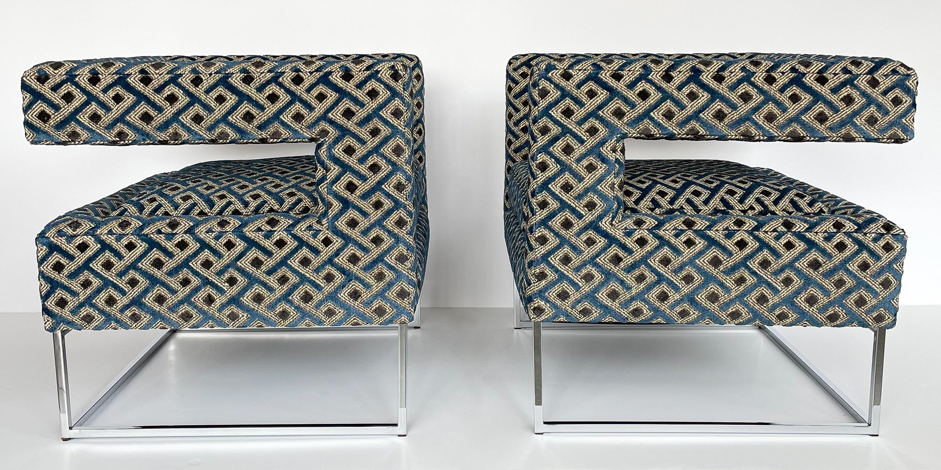American Pair of Milo Baughman Open Back Lounge Chairs in Pierre Frey