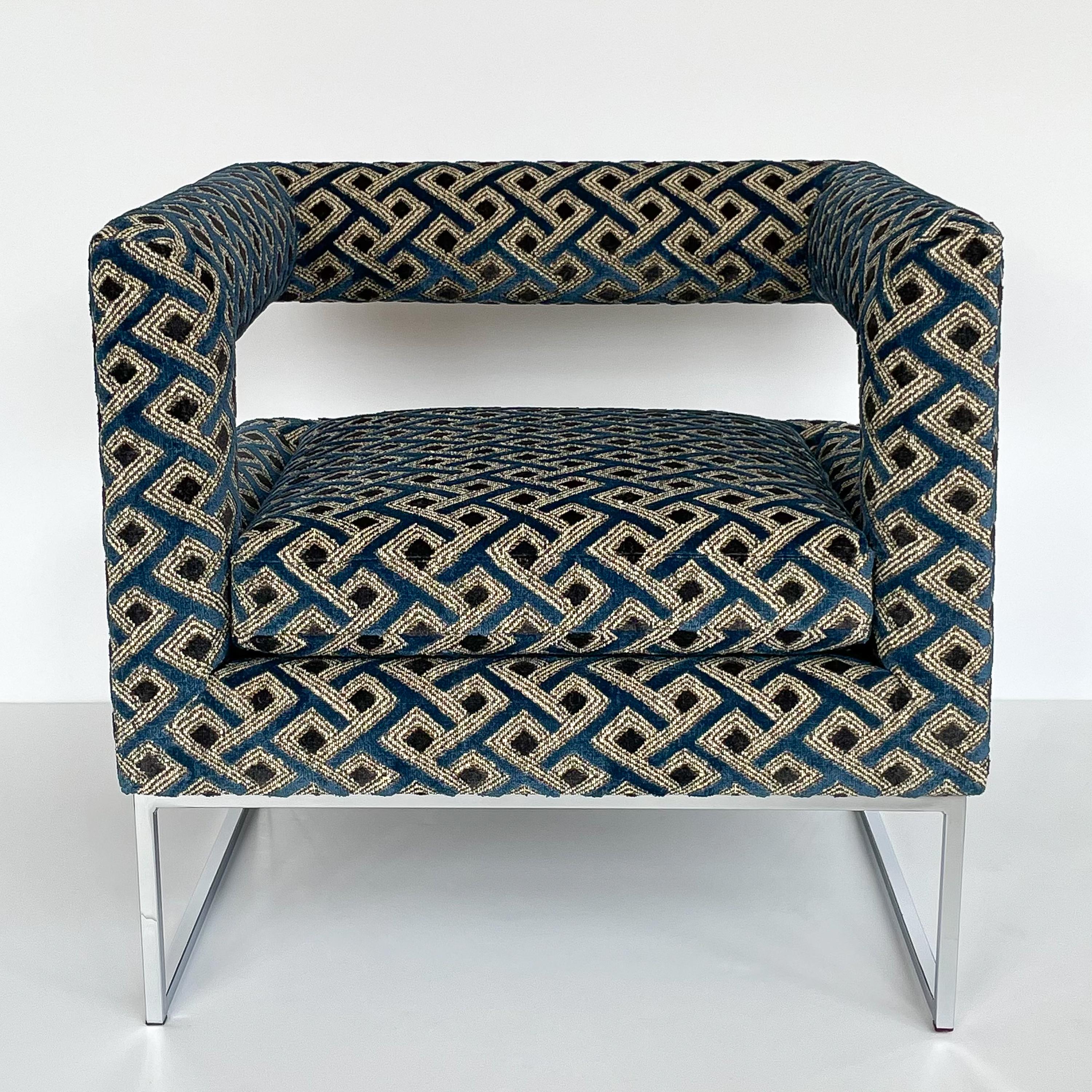 Pair of Milo Baughman Open Back Lounge Chairs in Pierre Frey In Excellent Condition In Chicago, IL