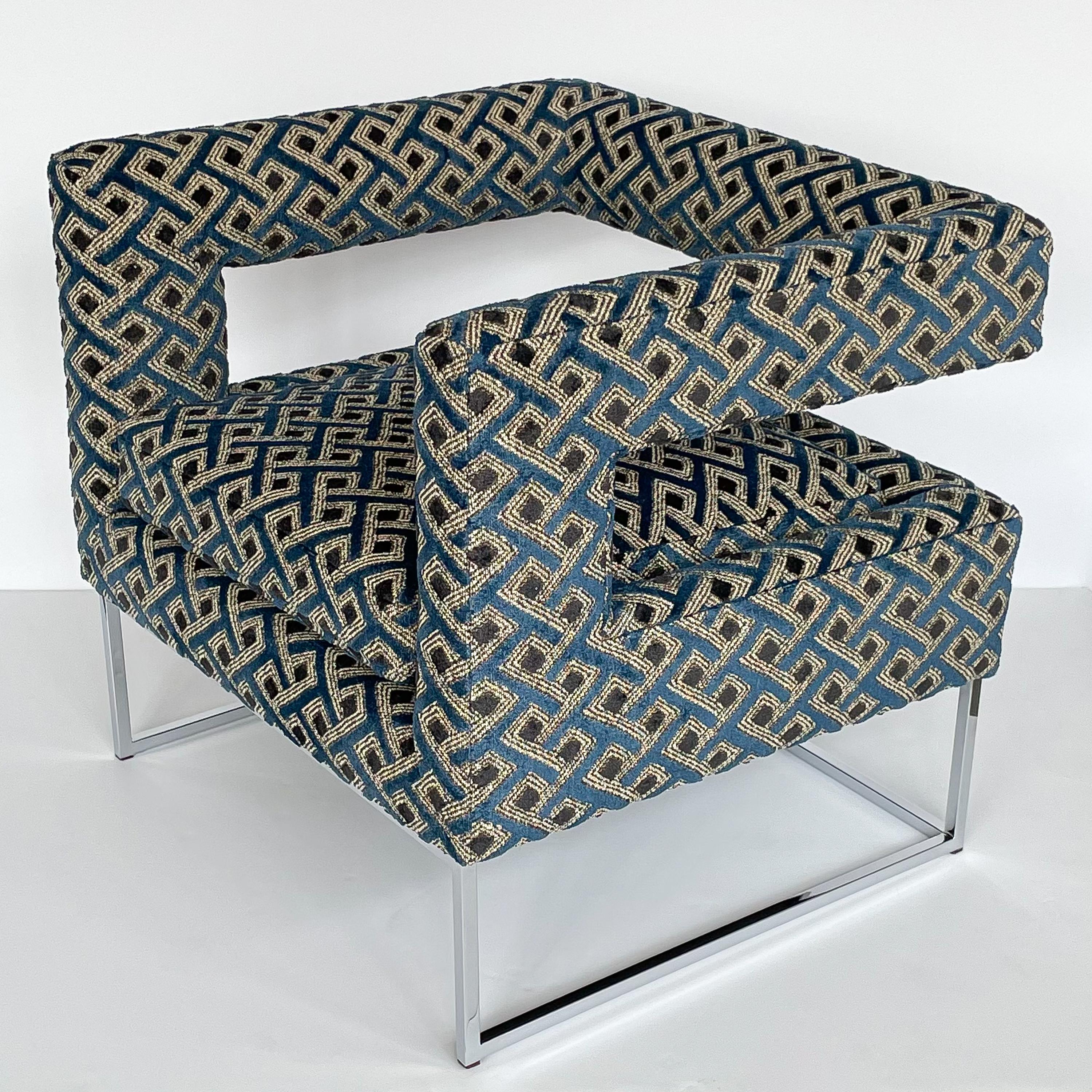 Upholstery Pair of Milo Baughman Open Back Lounge Chairs in Pierre Frey