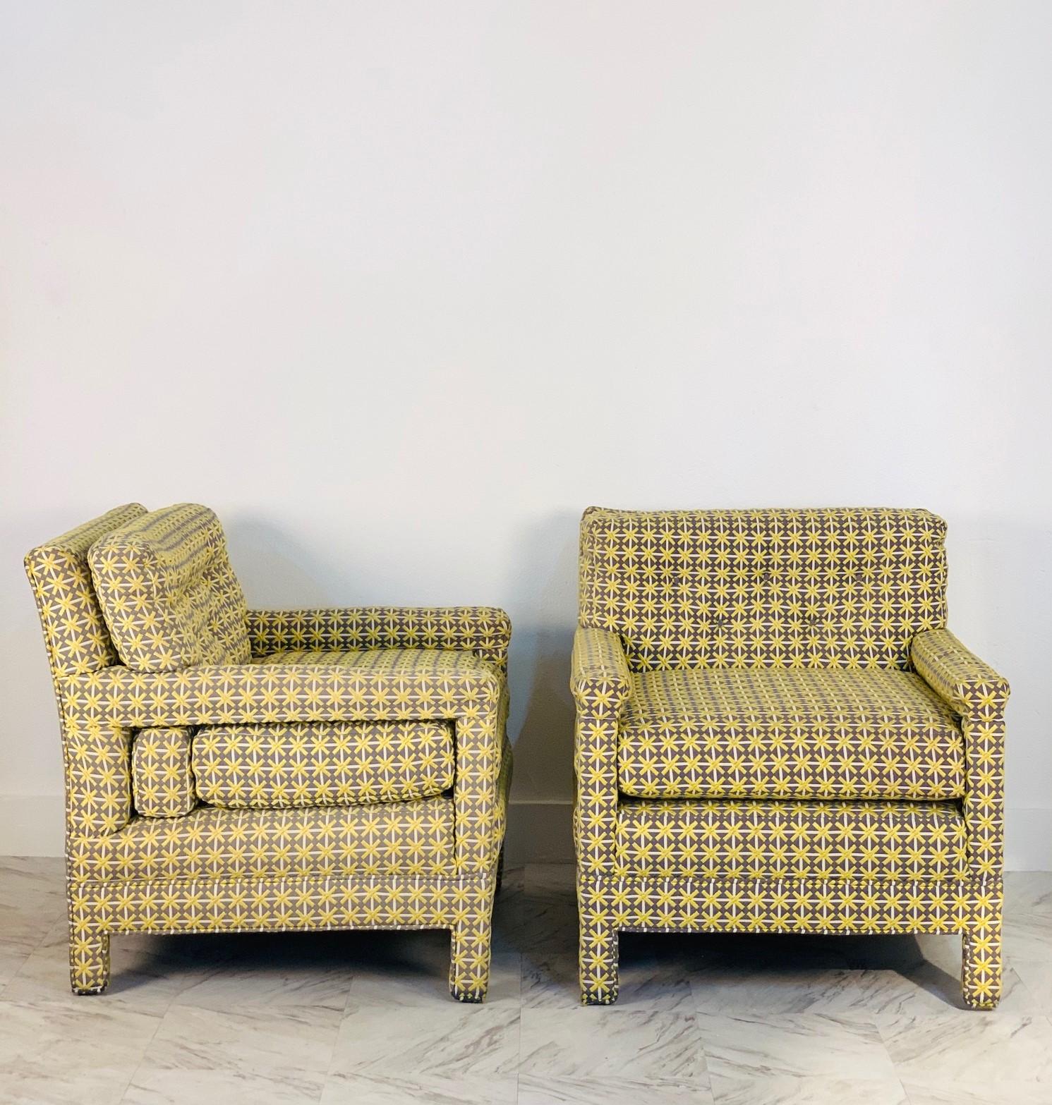 Pair of Milo Baughman style parsons lounge chairs. Mid-Century Modern.
