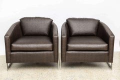 Pair of Milo Baughman Style Polished Chrome and "Ostrich" Upholstered Chairs