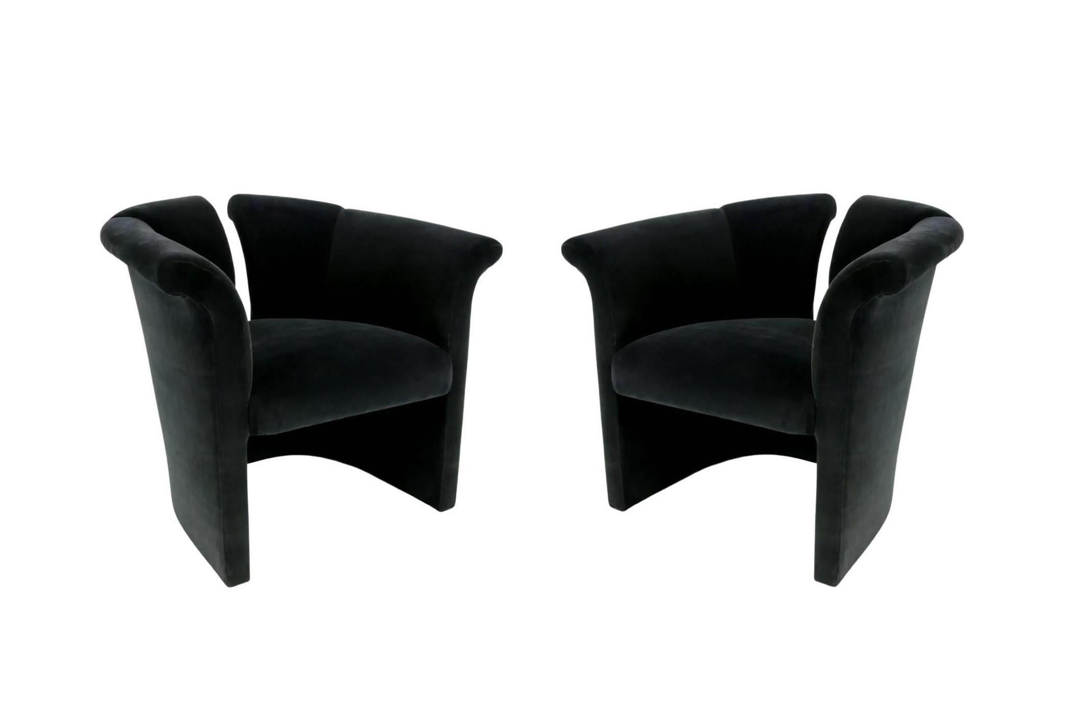 This is a unique pair of postmodern accent chairs designed by Milo Baughman. He was a pioneer in modern design and one of the leading modern furniture designers of the second half of the 20th century. Baughman's uniquely American designs are