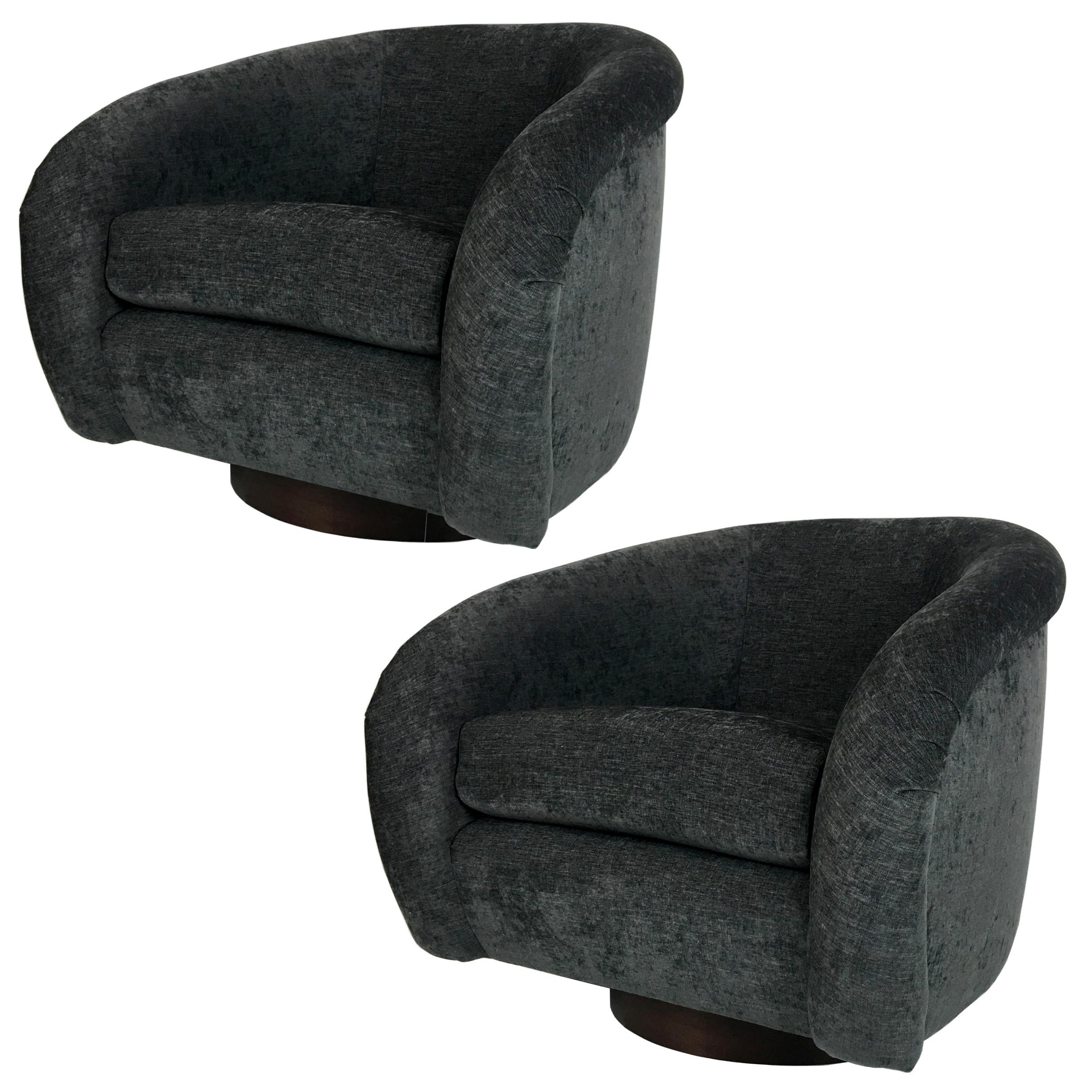 Pair of Milo Baughman Roll Arm Swivel Lounge Chairs