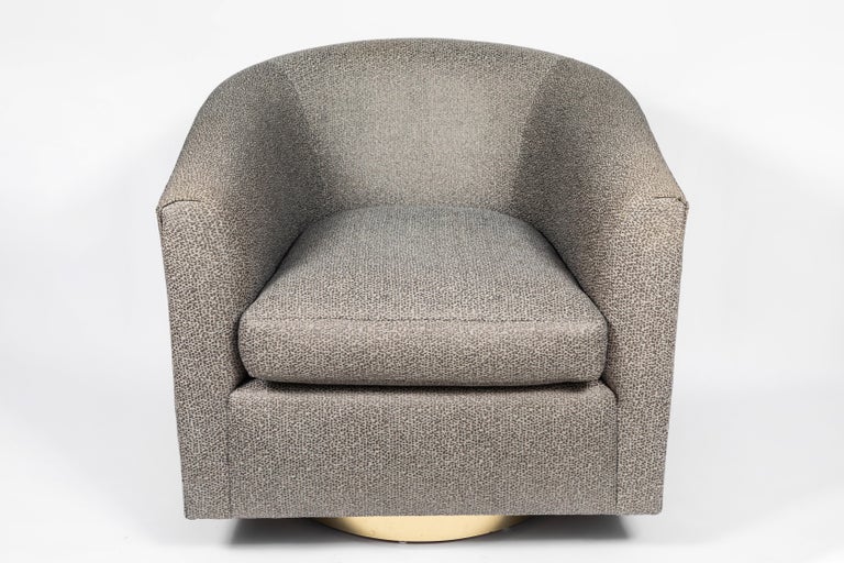 Milo Baughman Style Round Back Swivel Chairs with Brass Bases at