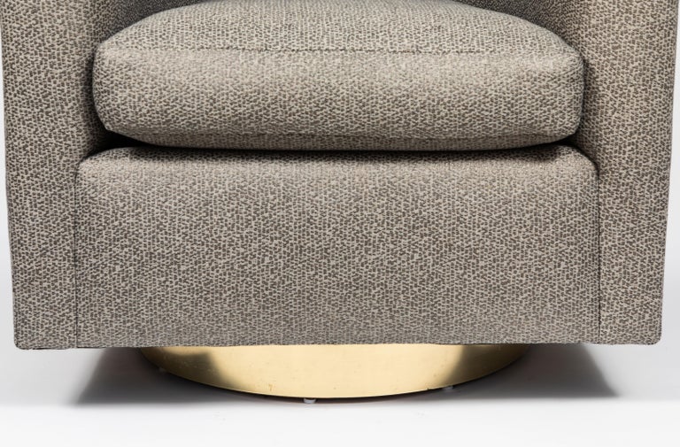 Milo Baughman Style Round Back Swivel Chairs with Brass Bases at