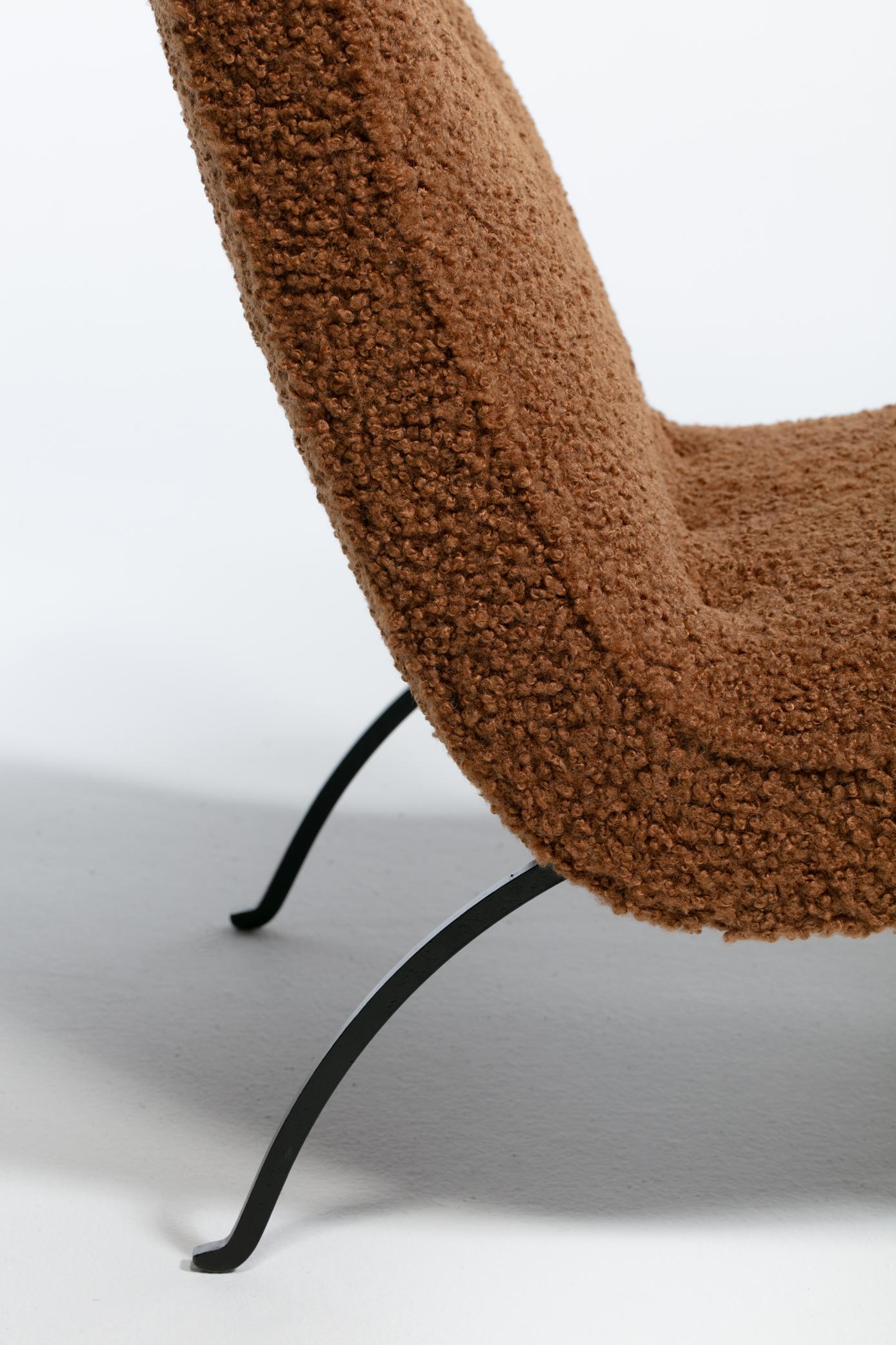 Pair of Milo Baughman Scoop Chairs in Cocoa Bouclé with Iron Legs c. 1950s For Sale 9