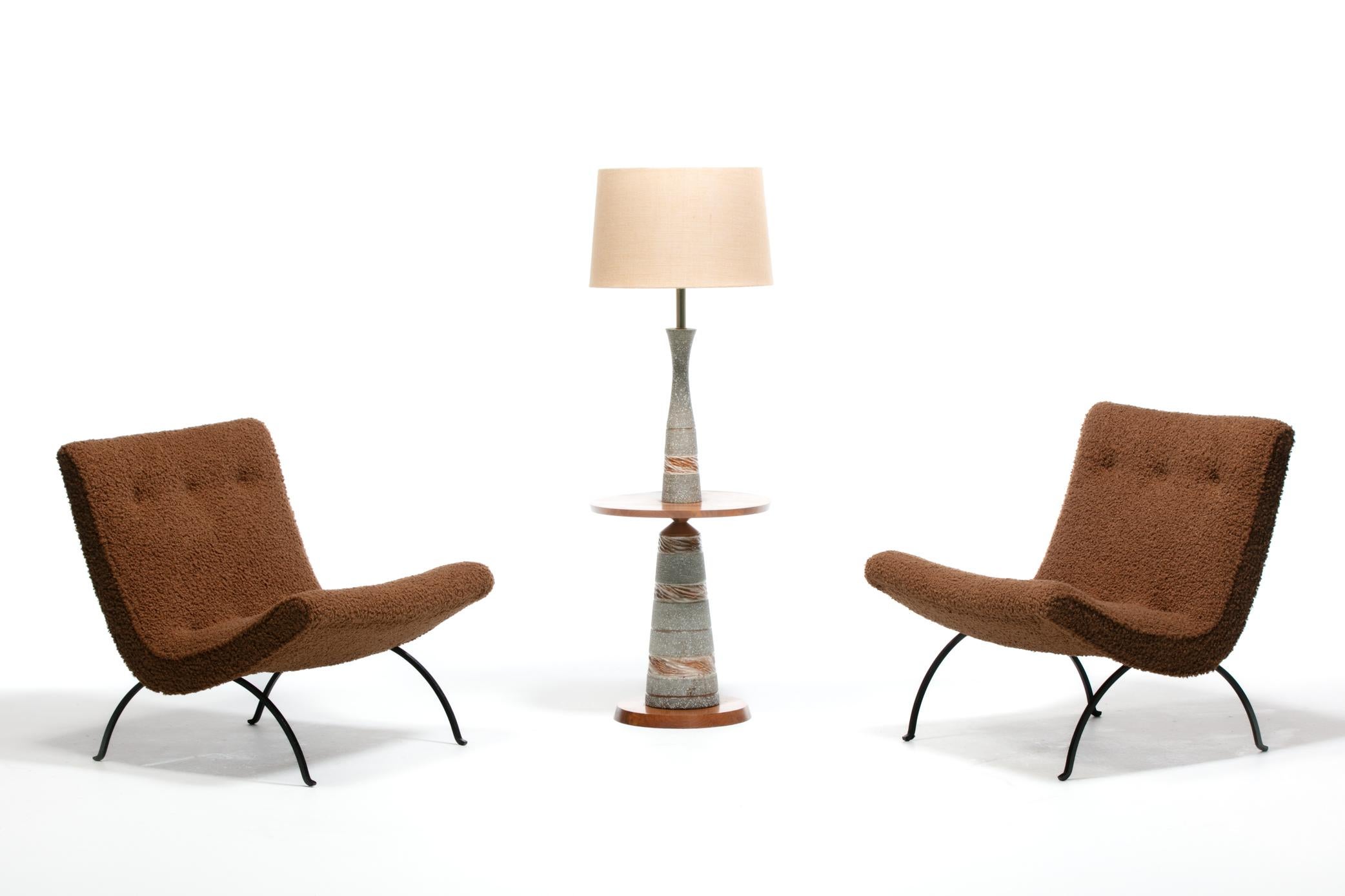 This pair of Milo Baughman 1950s scoop chairs hit all the marks with gorgeous Mid Century Modern sculptural profiles, a very comfortable ergonomic design with wide seats, and new soft cocoa bouclé upholstery with a high durability rating of over