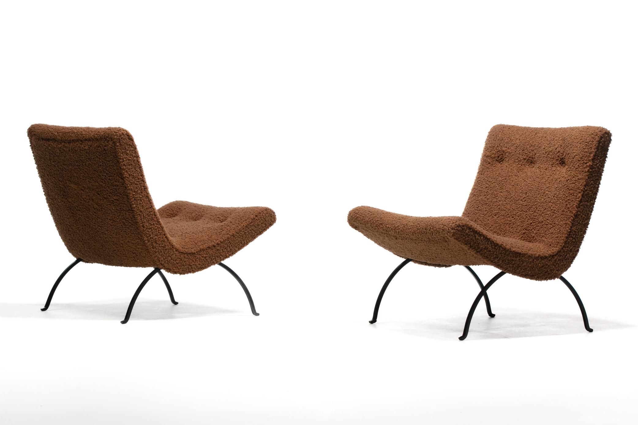 Mid-Century Modern Pair of Milo Baughman Scoop Chairs in Cocoa Bouclé with Iron Legs c. 1950s For Sale