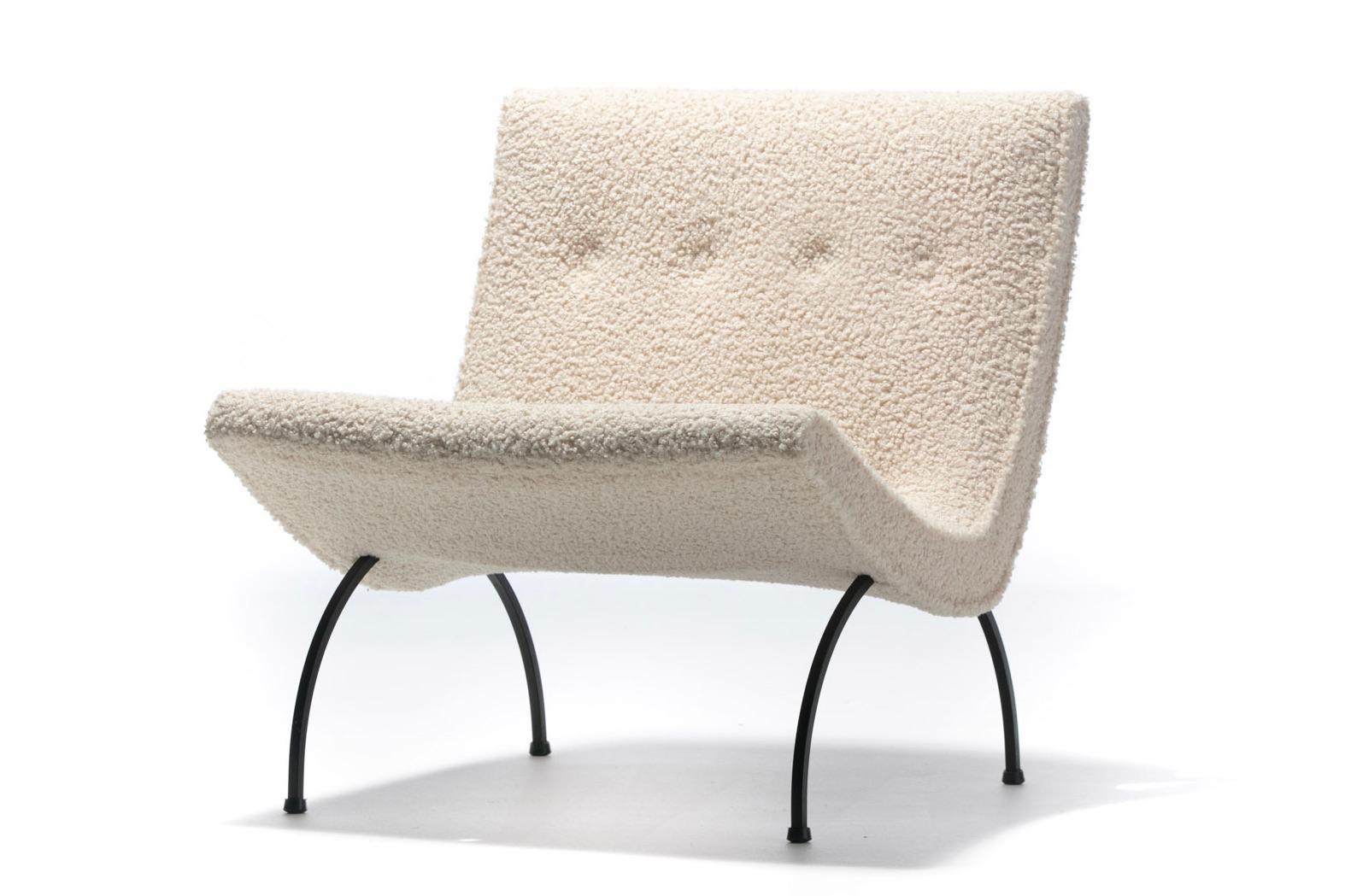 Americano Coppia di sedie Milo Baughman in Bouclé avorio con gambe in ferro, 1950 ca. in vendita
