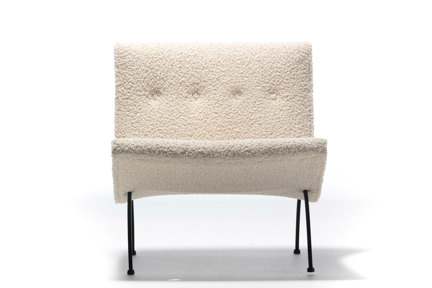 American Pair of Milo Baughman Scoop Chairs in Ivory Bouclé with Iron Legs c. 1950s