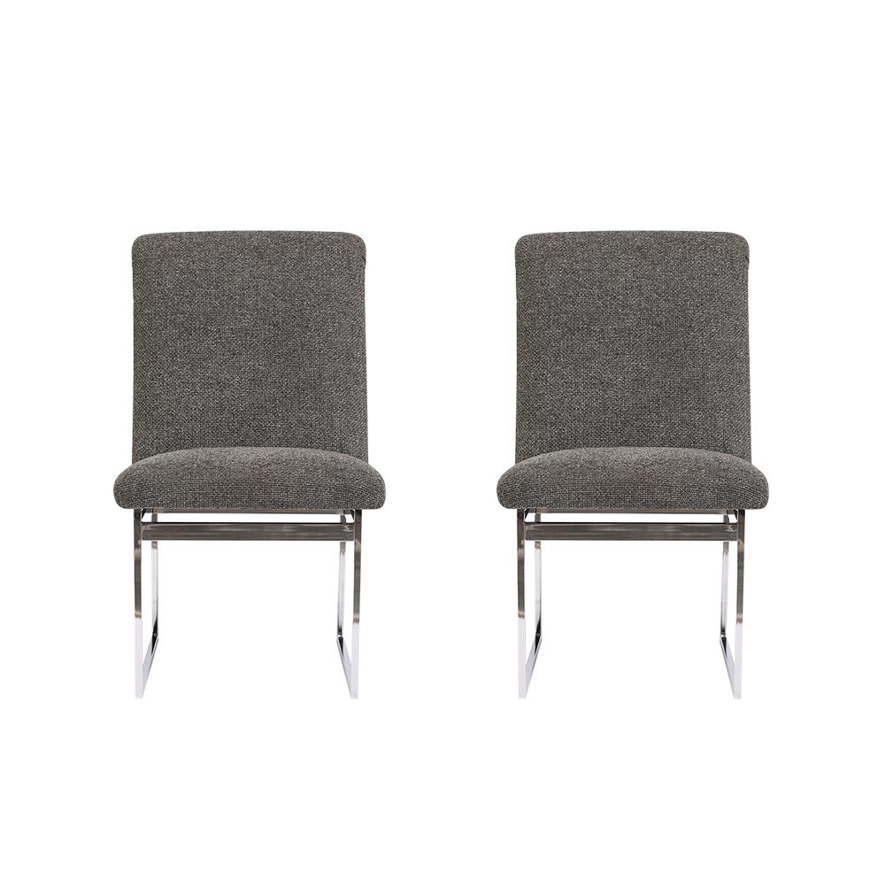An extraordinary pair of 1960s midcentury chrome side chairs in the style of Milo Baughman. The set of chairs features sleek chrome frames in a very good condition and has been professionally reupholstered in dark gray color fabric with new foam