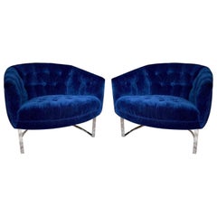Pair of Milo Baughman Style Blue and Chromed Steel Framed Armchairs, 1970s